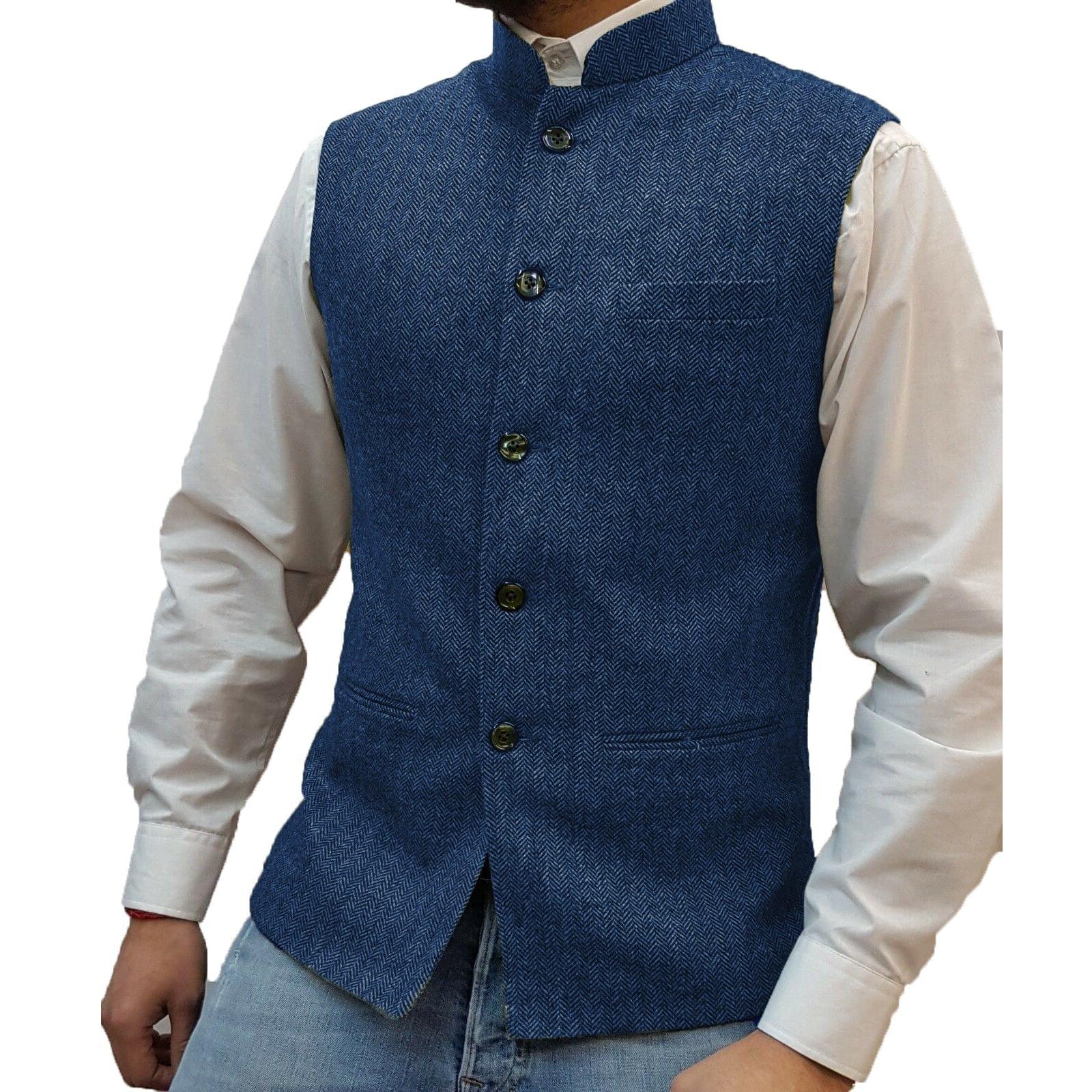 ceehuteey Men's Herringbone Stand Collar Formal Waistcoat
