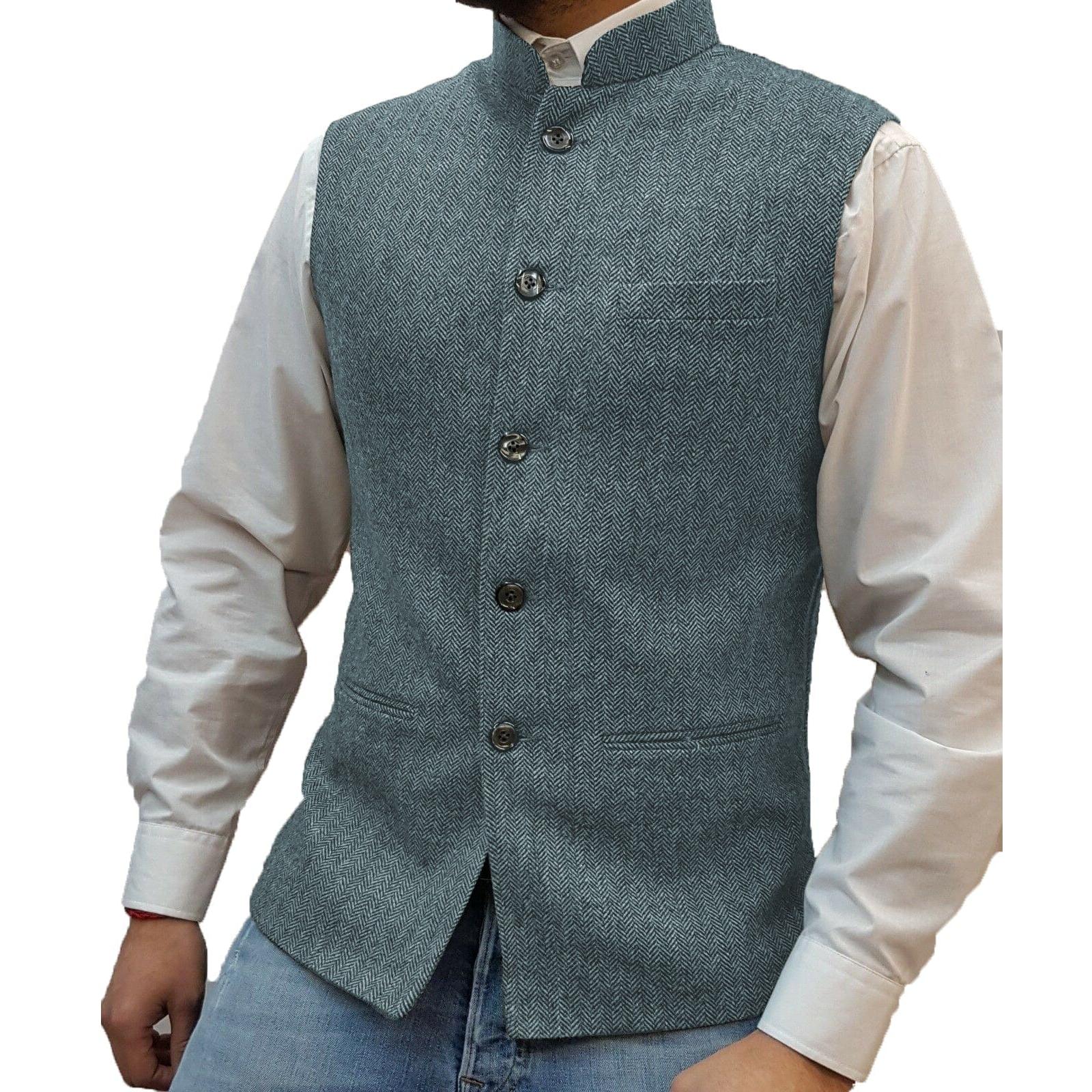 ceehuteey Men's Herringbone Stand Collar Formal Waistcoat