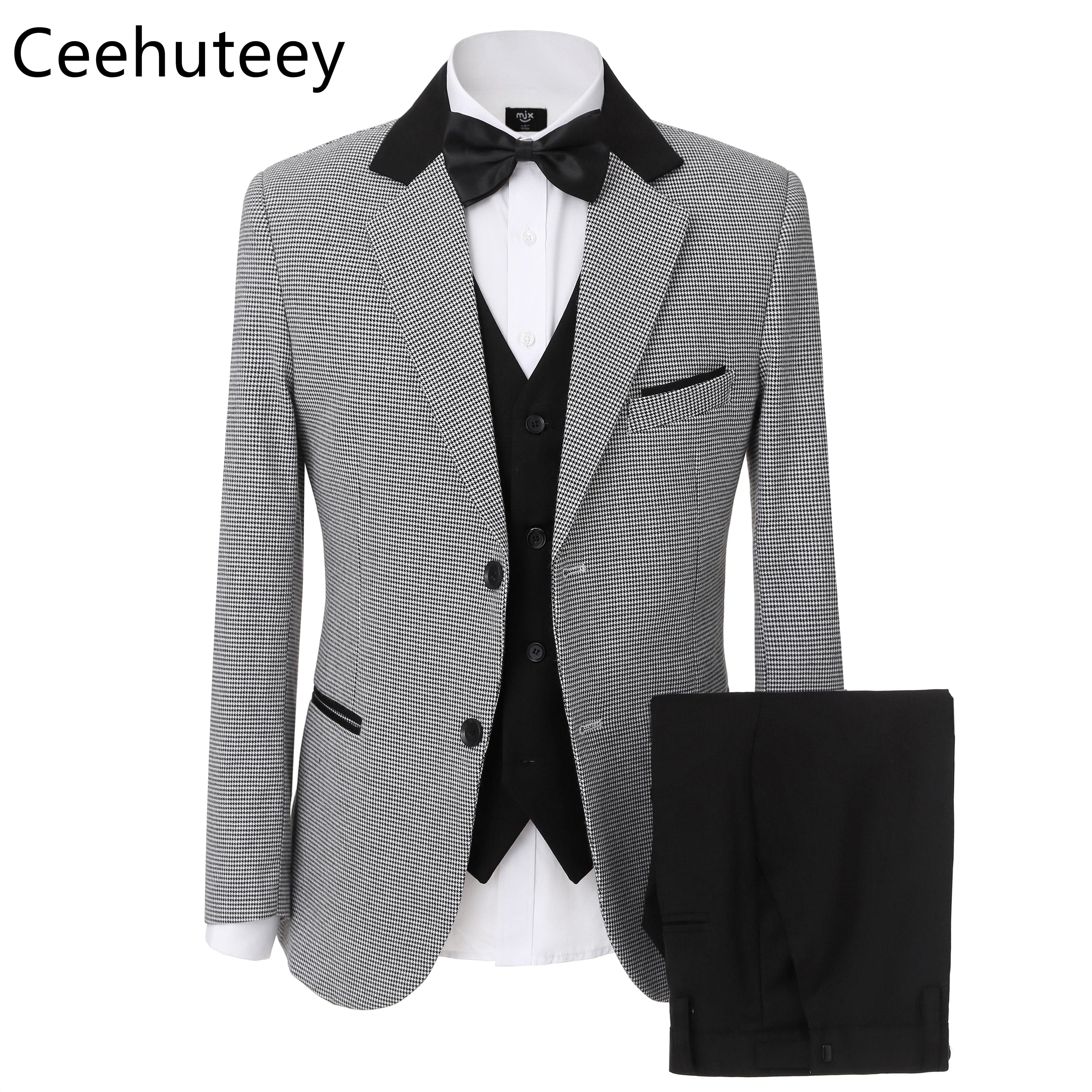 ceehuteey Men's Houndstooth Formal Notch Lapel  for wedding party Tuxedos (Blazer + Vest +Pant)