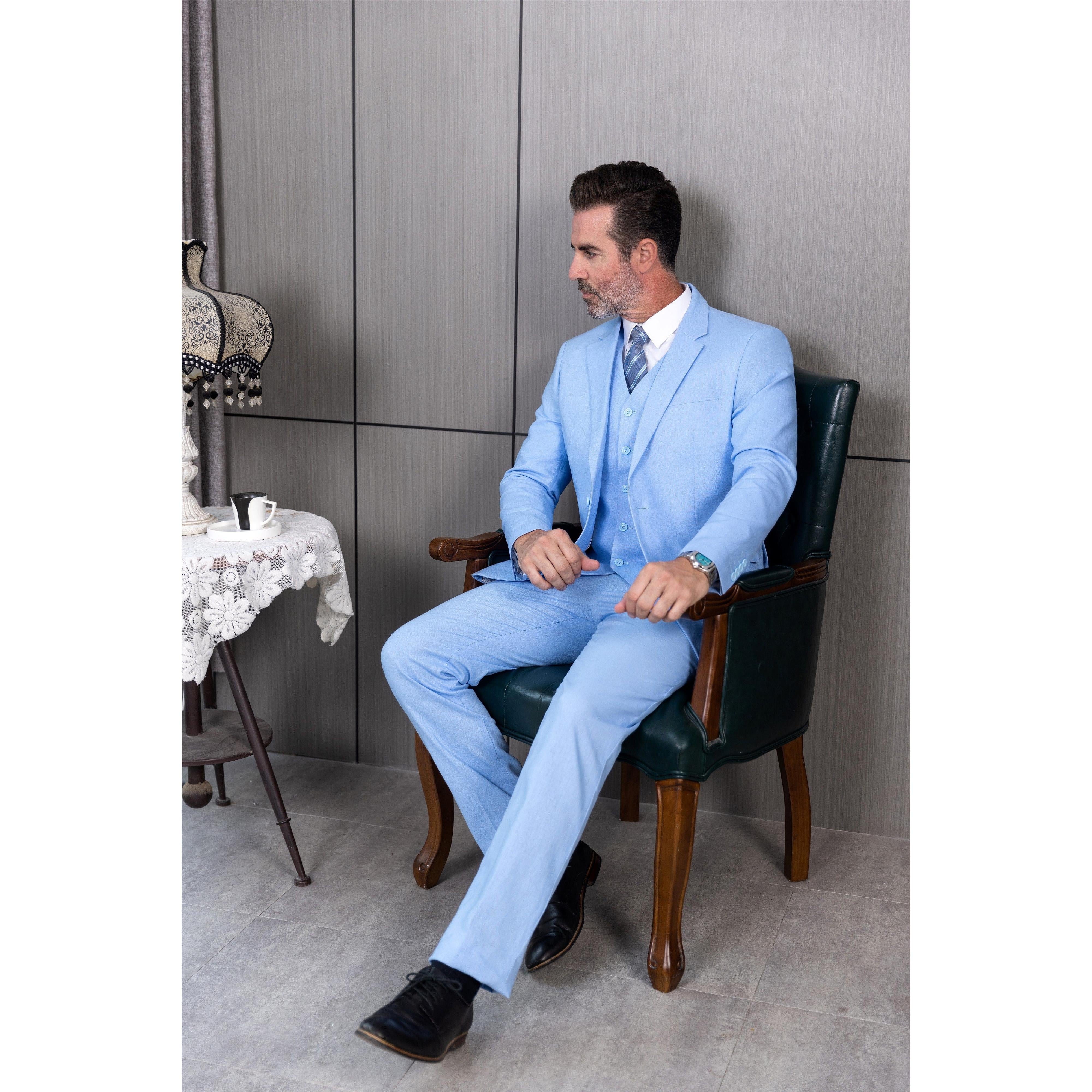 ceehuteey Men's Linen 3 Pieces Regular Fit Notch Lapel Mens Suit