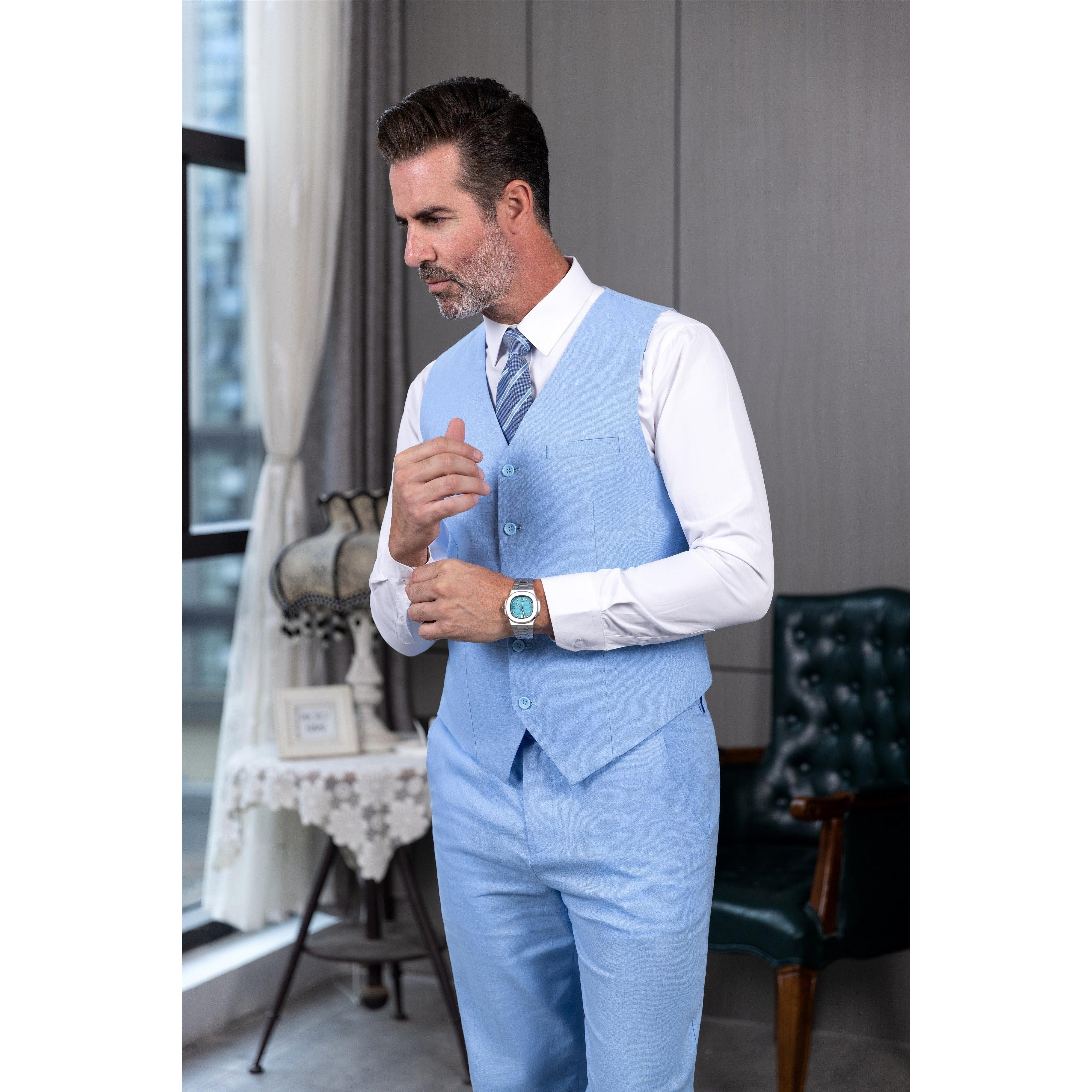 ceehuteey Men's Linen 3 Pieces Regular Fit Notch Lapel Mens Suit