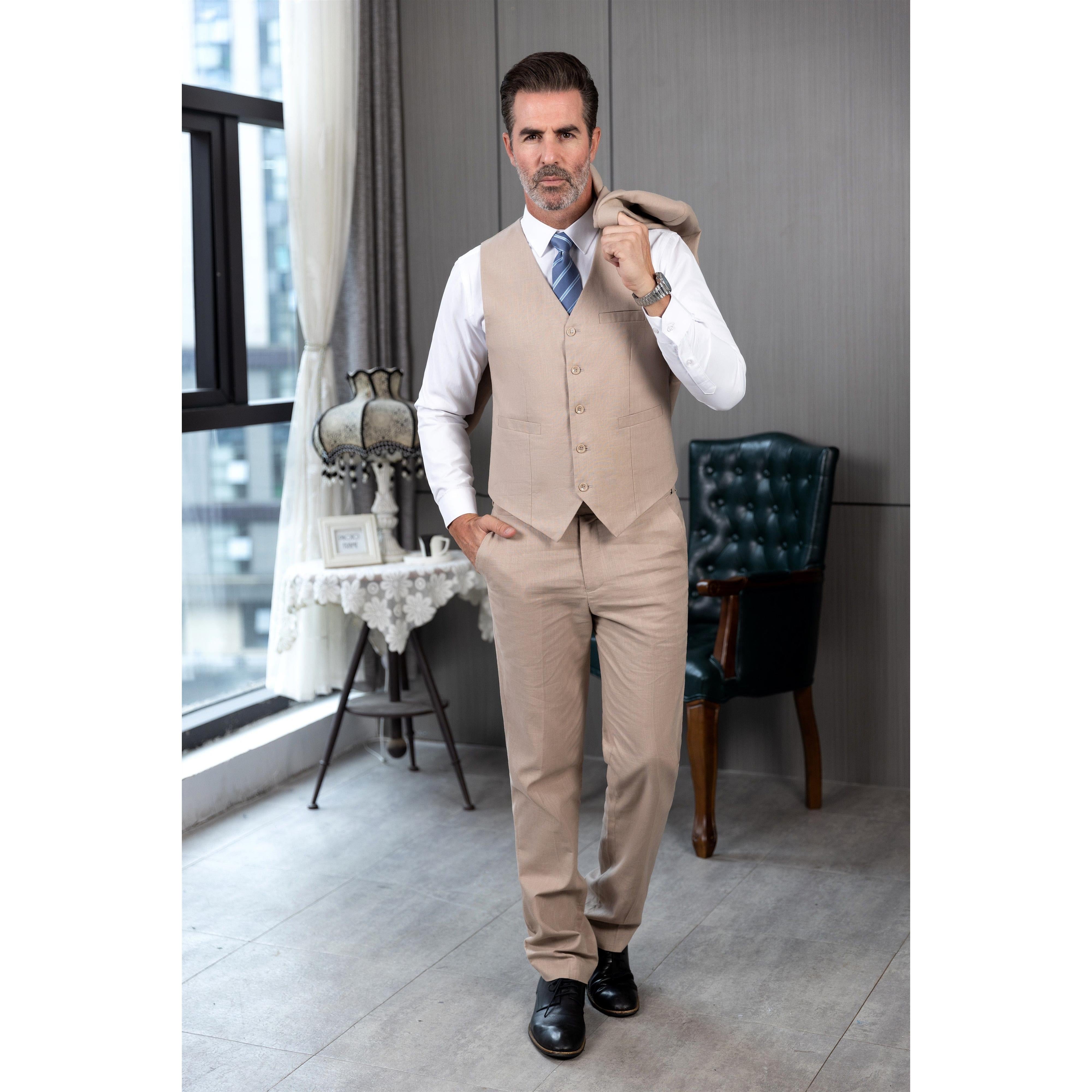 ceehuteey Men's Linen 3 Pieces Regular Fit Notch Lapel  Mens Suit(Blazer+Vest+ Pant)