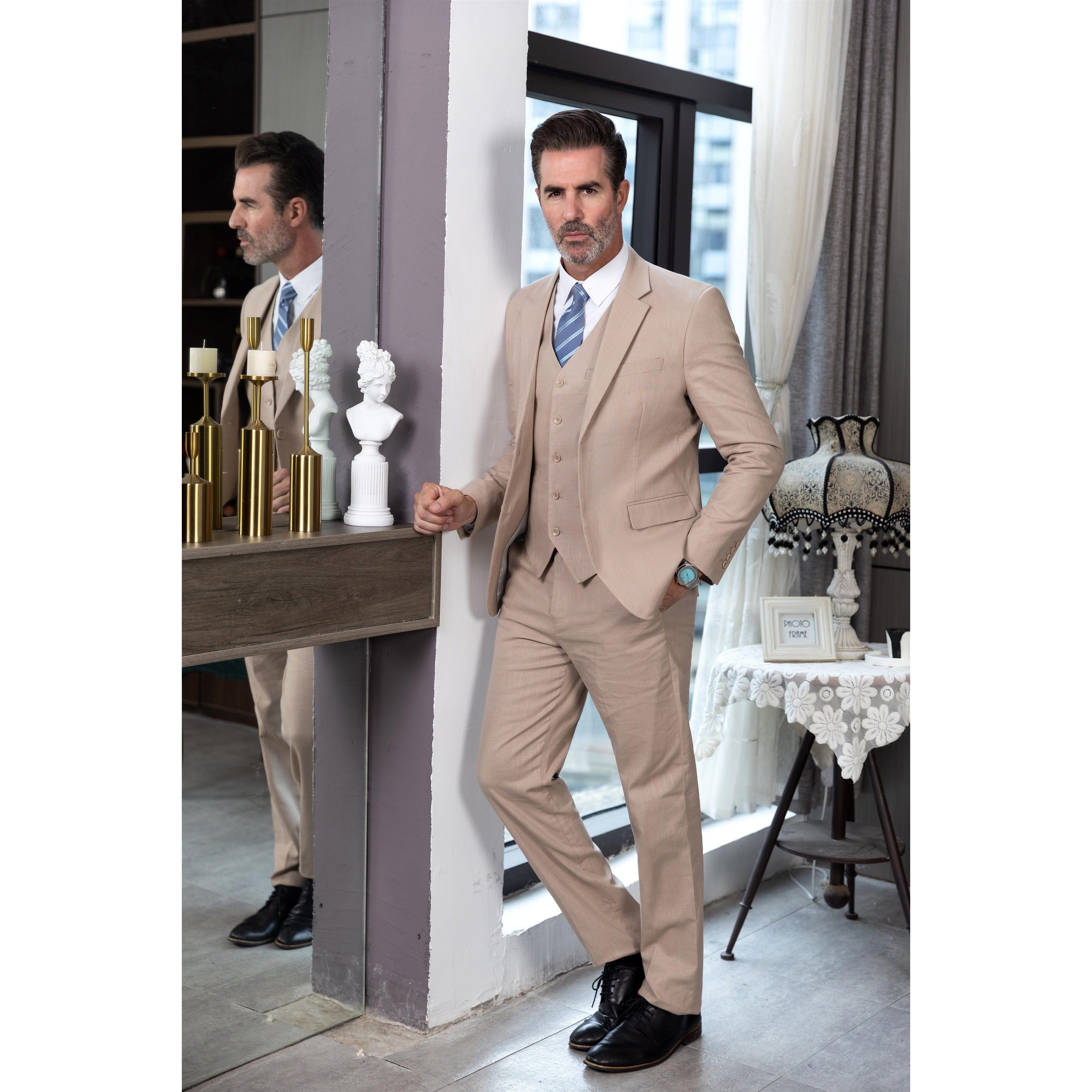 ceehuteey Men's Linen 3 Pieces Regular Fit Notch Lapel  Mens Suit(Blazer+Vest+ Pant)