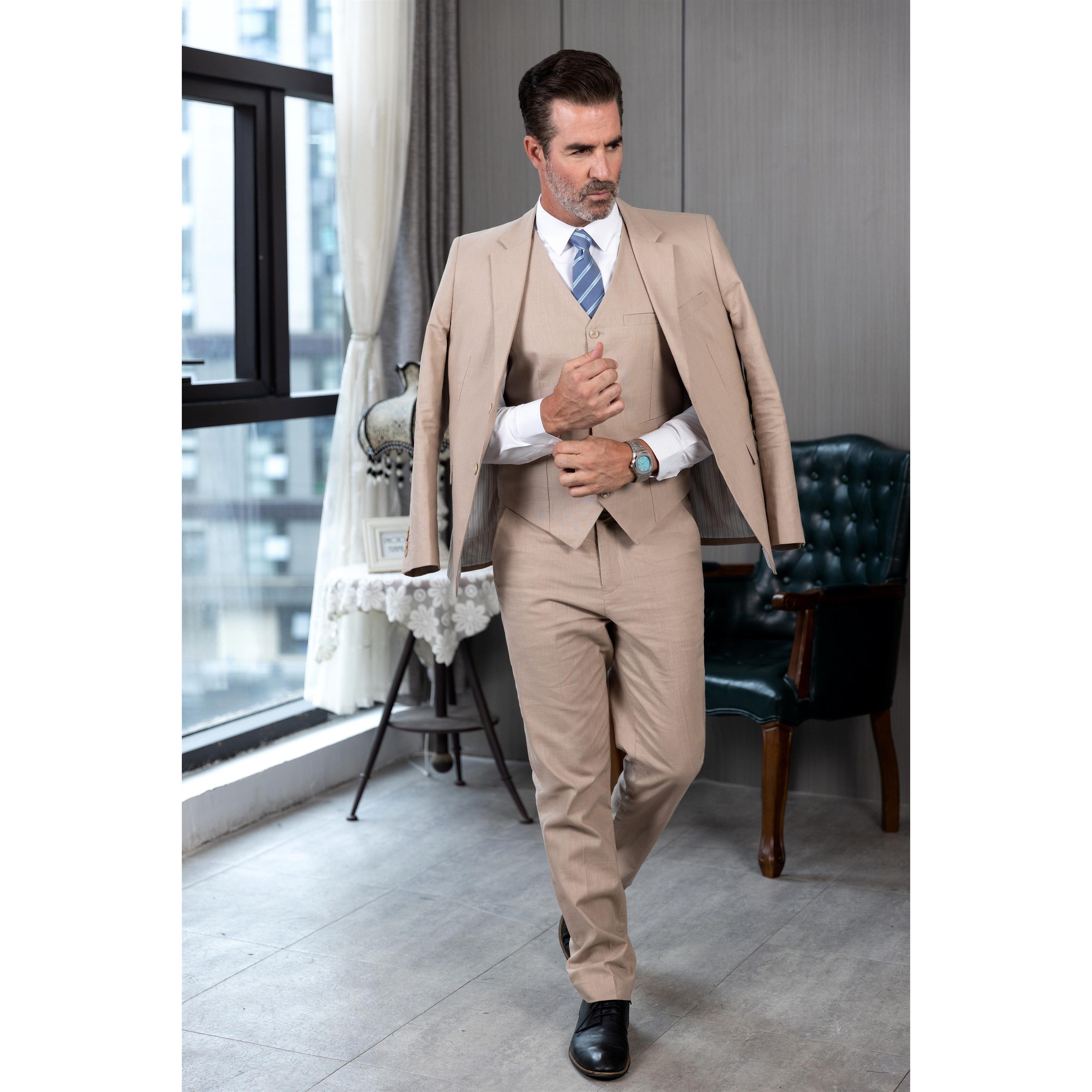 ceehuteey Men's Linen 3 Pieces Regular Fit Notch Lapel  Mens Suit(Blazer+Vest+ Pant)
