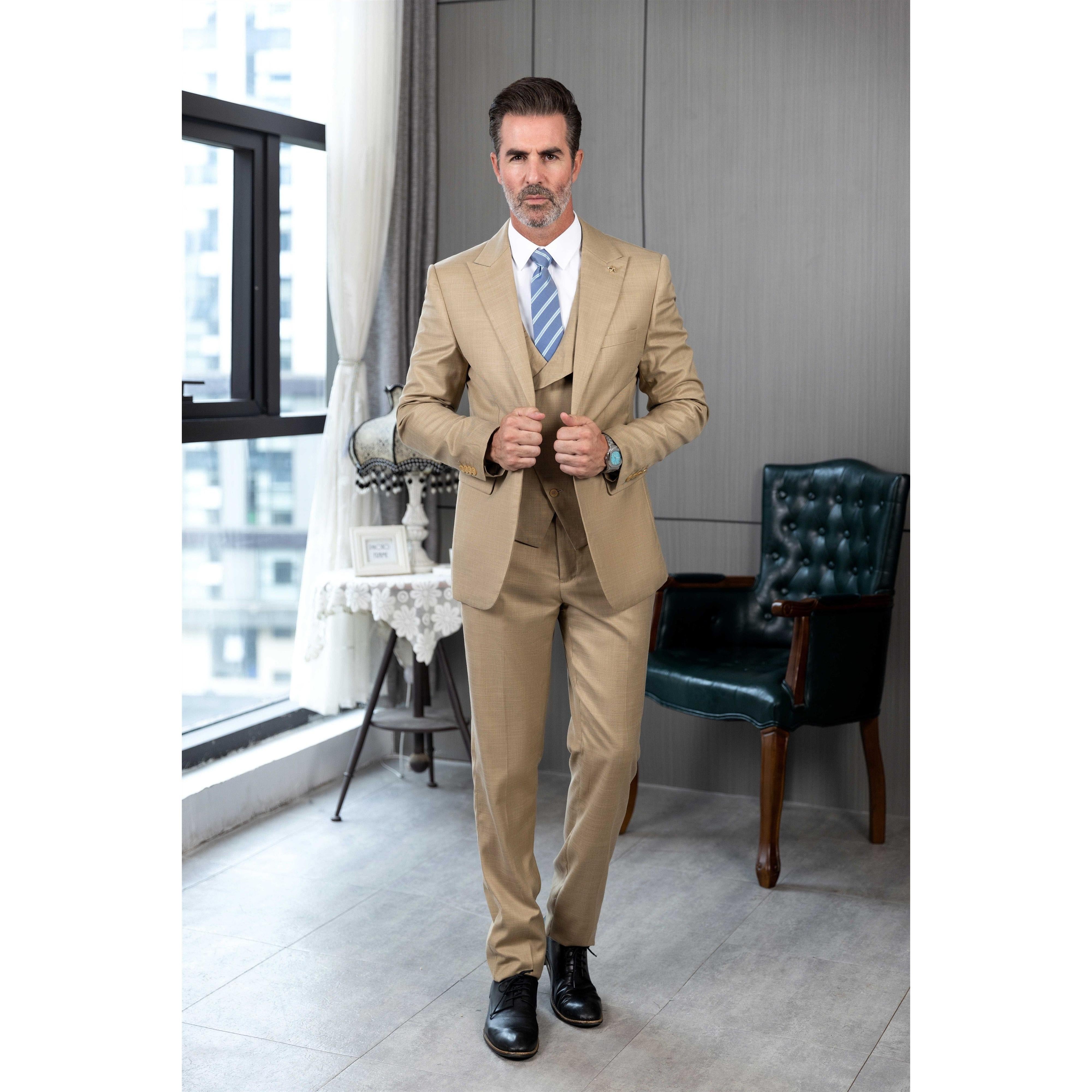 ceehuteey Men's Linen 3 Pieces Regular Fit Peak Lapel Mens Western Tuxedos (Blazer+Vest+ Pant)