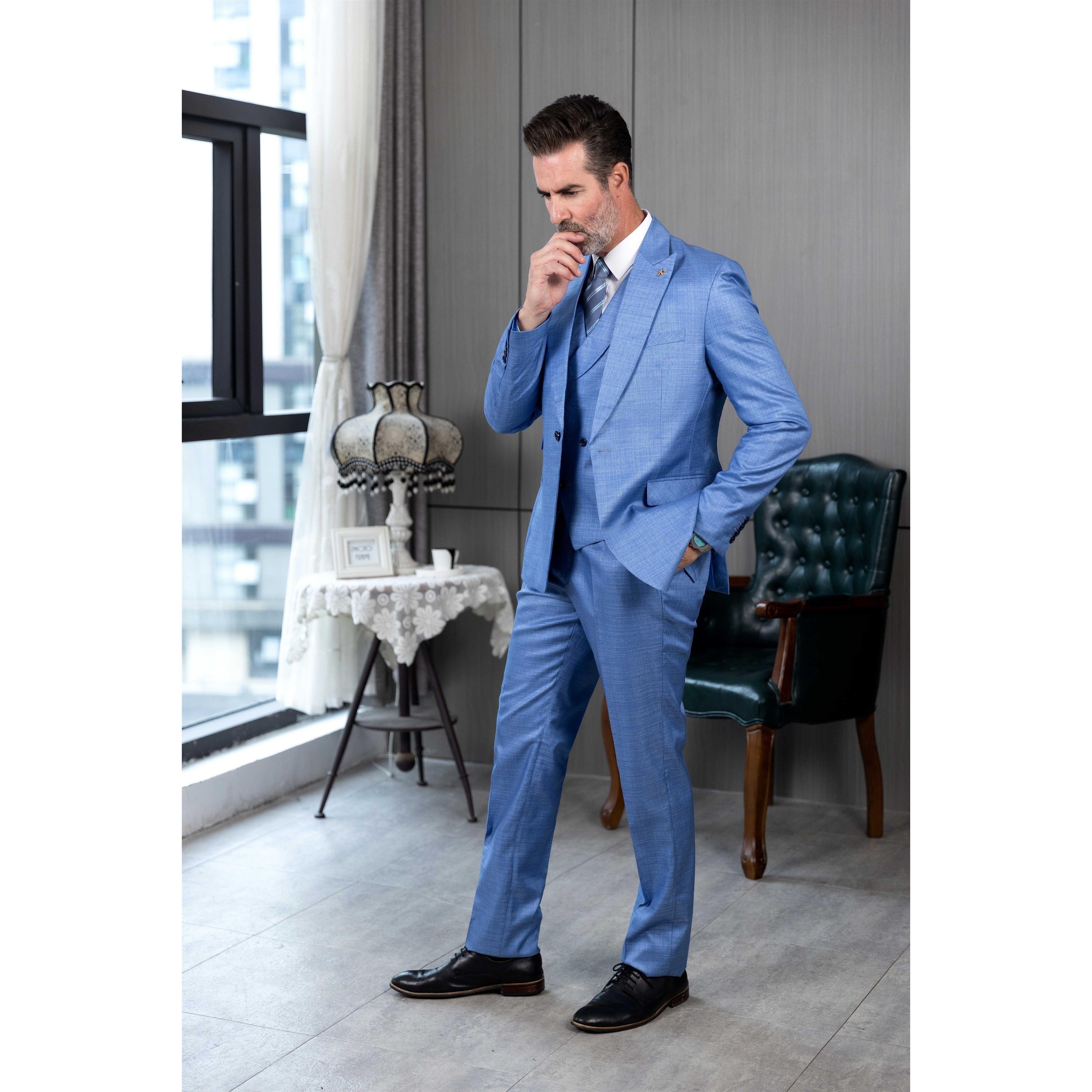 ceehuteey Men's Linen 3 Pieces Regular Fit Peak Lapel Western Mens Suit(Blazer+Vest+ Pant)