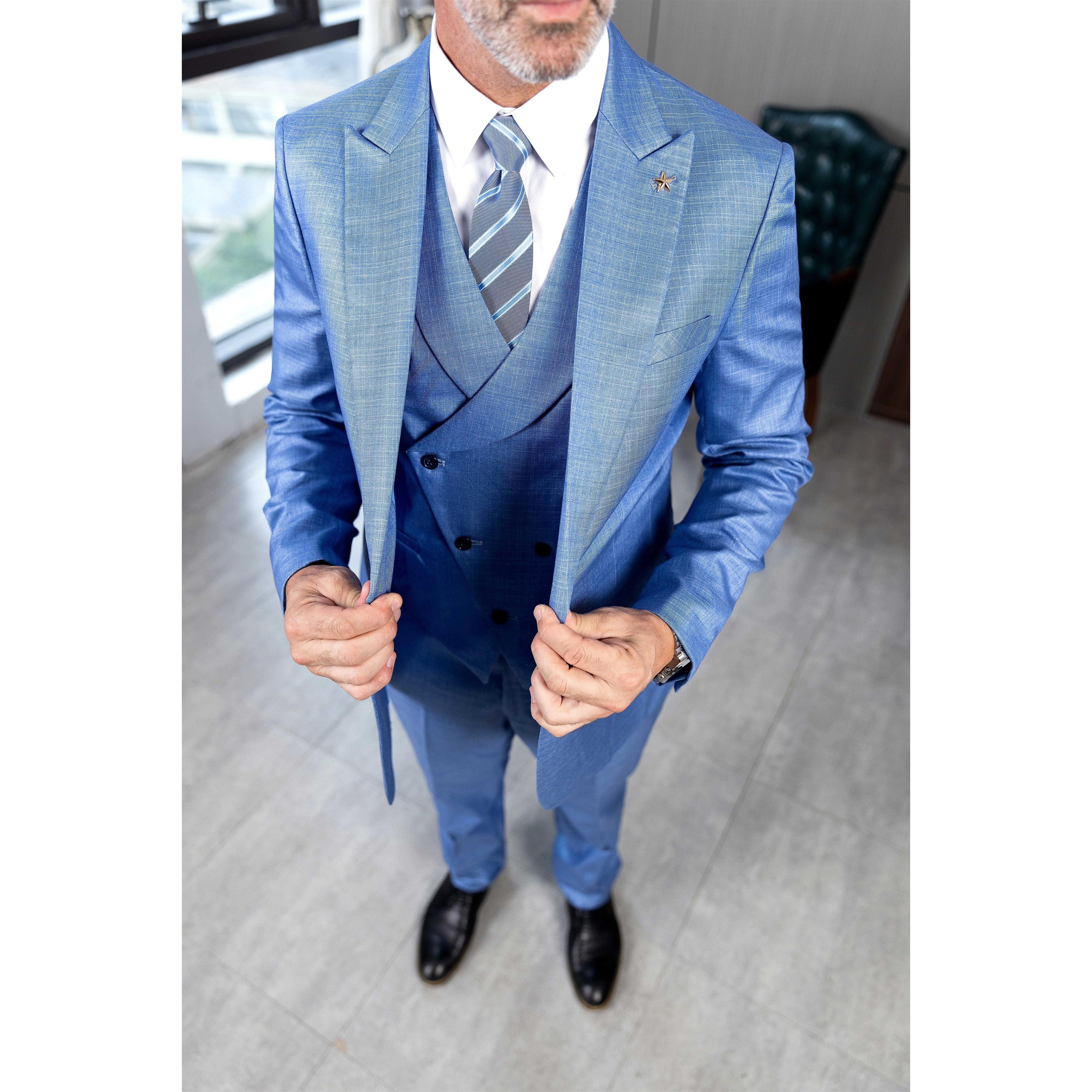 ceehuteey Men's Linen 3 Pieces Regular Fit Peak Lapel Western Mens Suit(Blazer+Vest+ Pant)