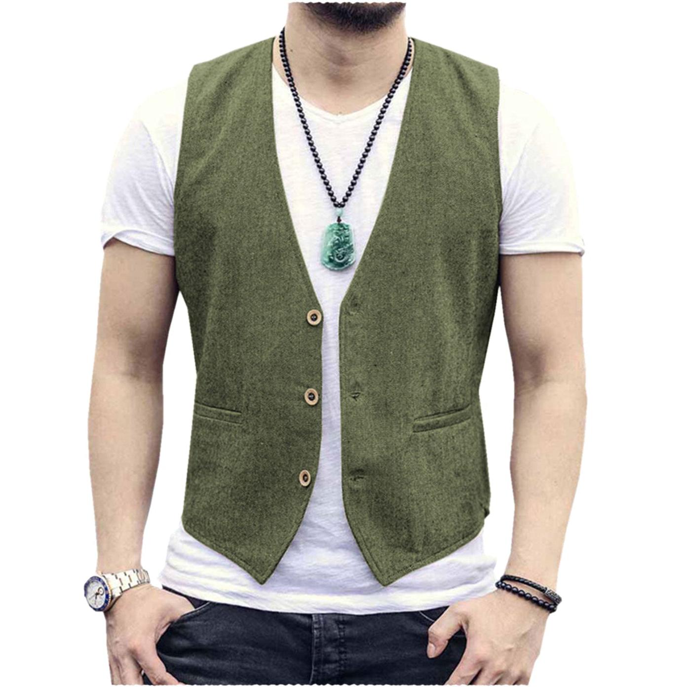 ceehuteey Men's Linen V Neck Casual Summer Waistcoat