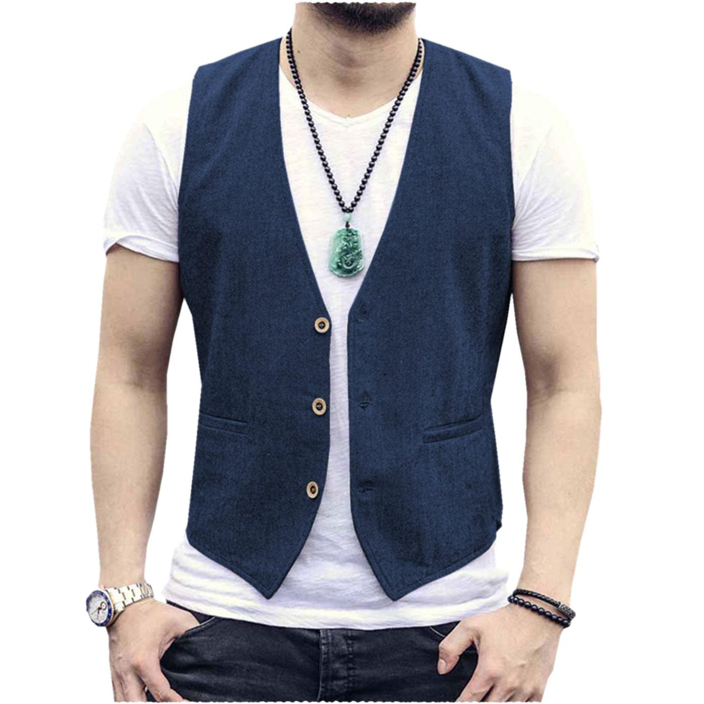 ceehuteey Men's Linen V Neck Casual Summer Waistcoat