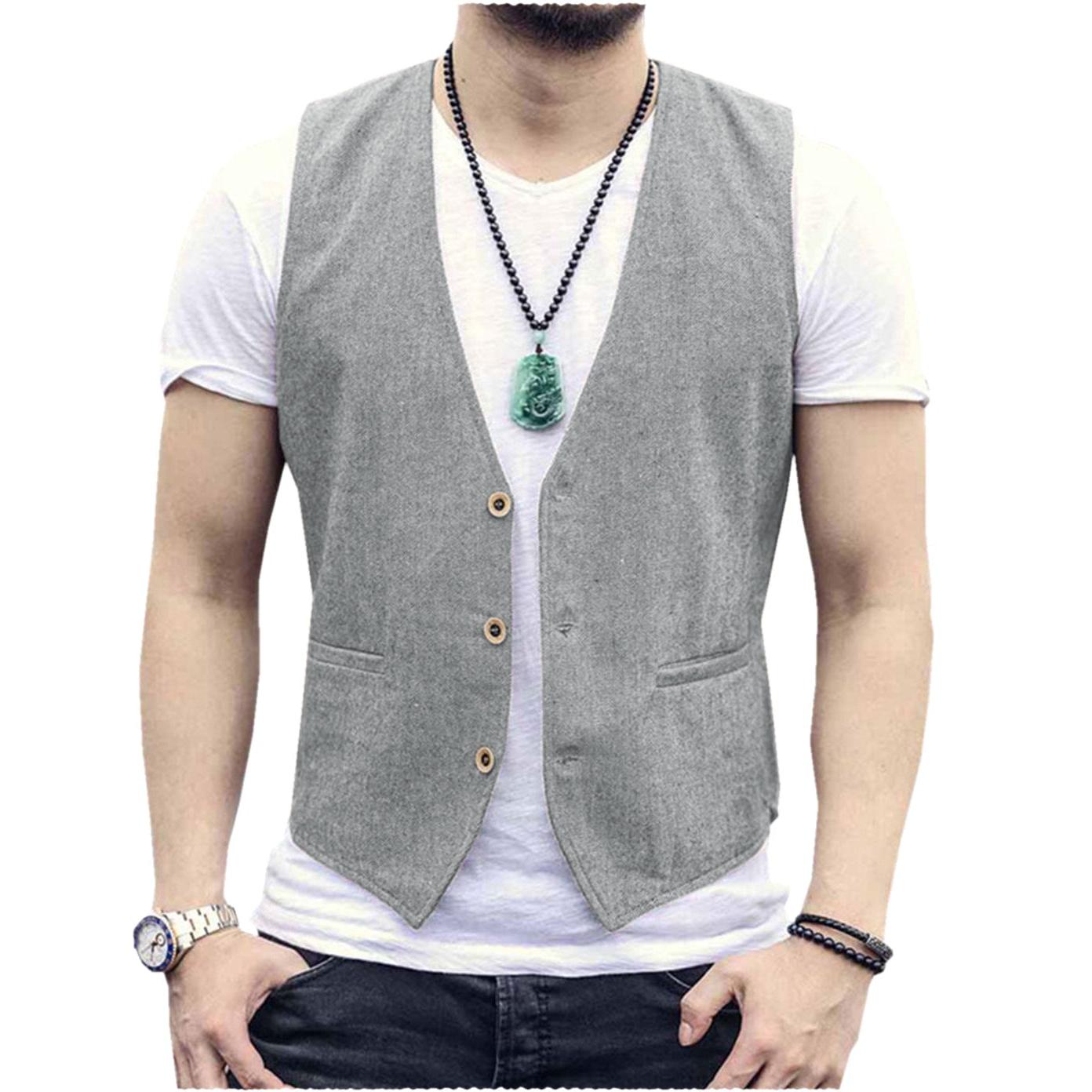 ceehuteey Men's Linen V Neck Casual Summer Waistcoat