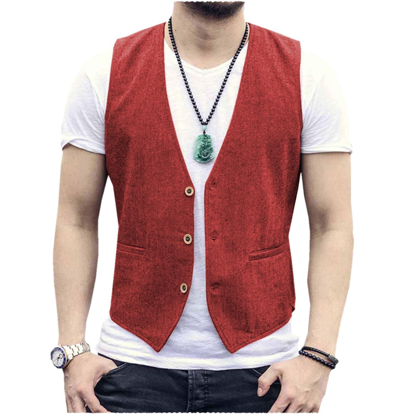 ceehuteey Men's Linen V Neck Casual Summer Waistcoat