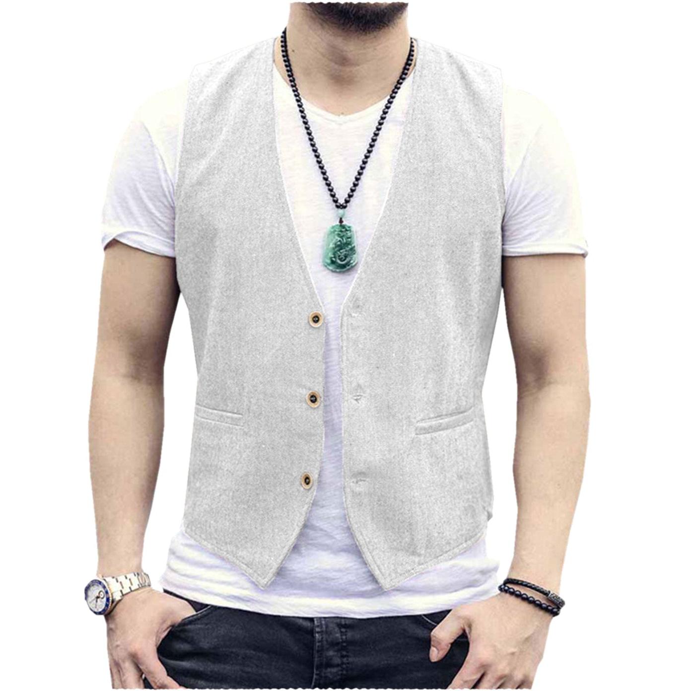ceehuteey Men's Linen V Neck Casual Summer Waistcoat