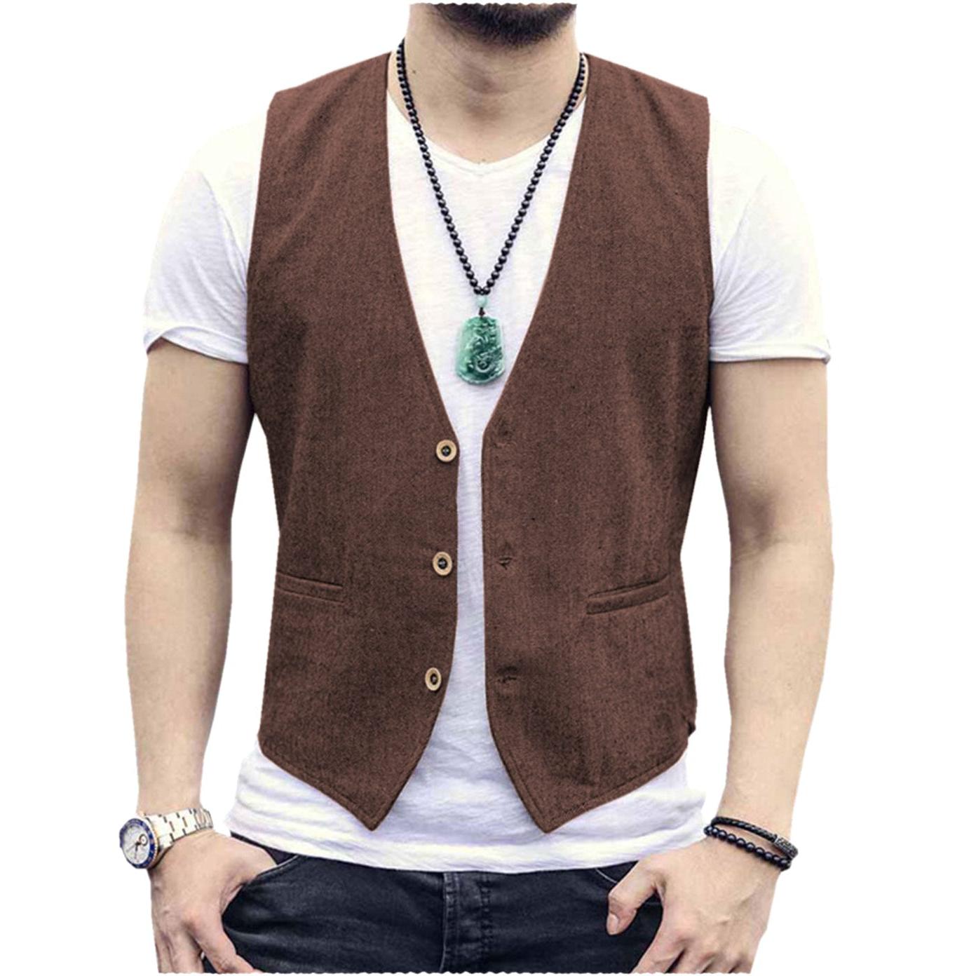 ceehuteey Men's Linen V Neck Casual Summer Waistcoat