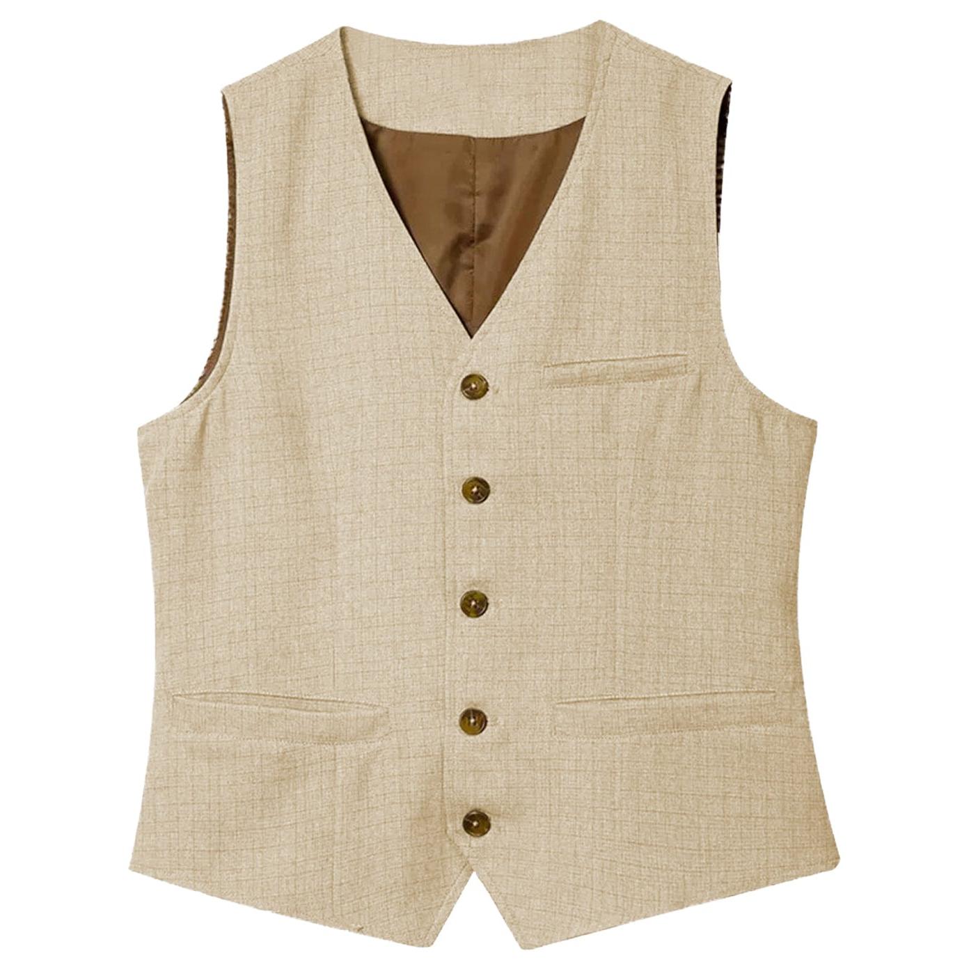 ceehuteey Men's Linen V Neck Vest Casual Summer Fashion Waistcoat