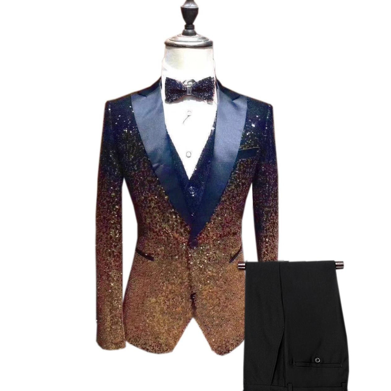 ceehuteey Men's Shiny Sequins 3 Piece Suit Blazer One Button Wedding Prom Tuxedo (Blazer + Vest + Pants)
