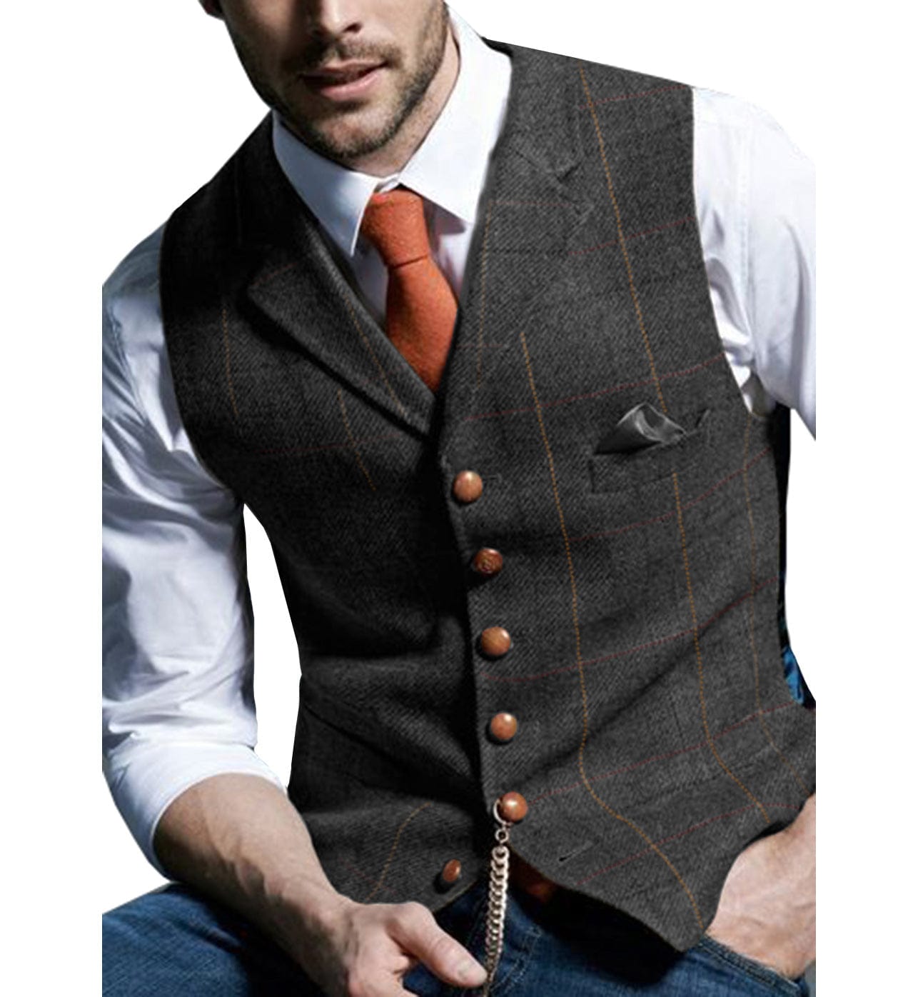 ceehuteey Men's Slim Fit Plaid Casual Notch Lapel Waistcoat