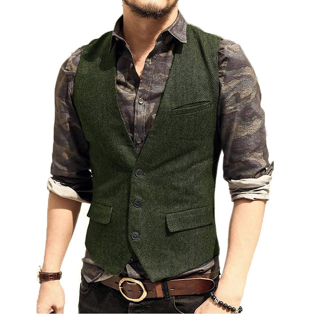 ceehuteey Men's Slim Fit Solid Herringbone V Neck Waistcoat