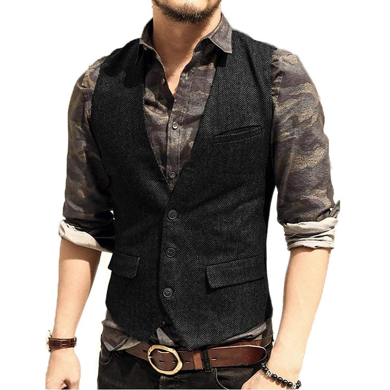 ceehuteey Men's Slim Fit Solid Herringbone V Neck Waistcoat