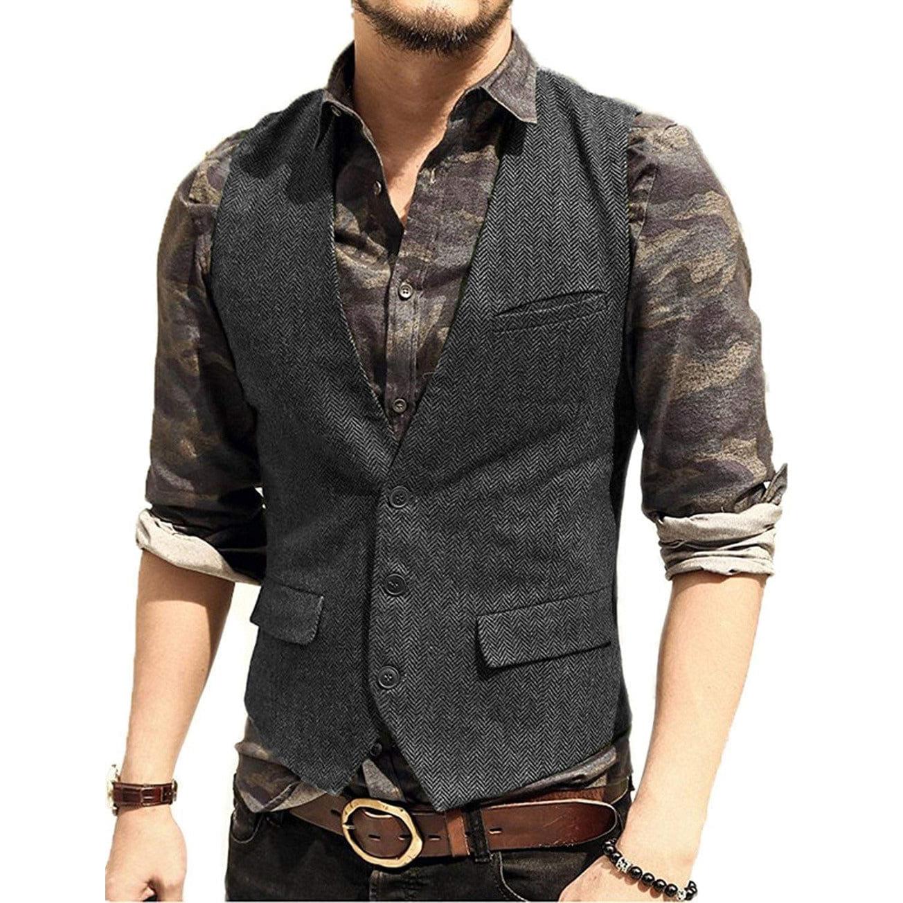 ceehuteey Men's Slim Fit Solid Herringbone V Neck Waistcoat