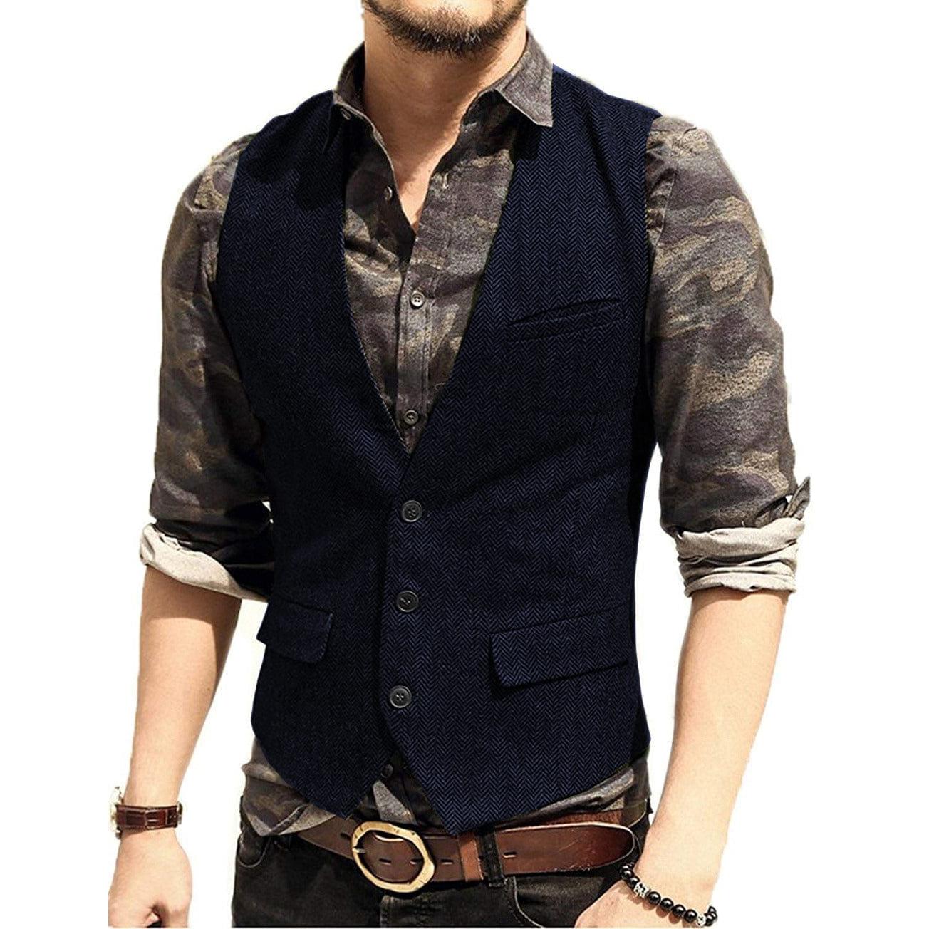 ceehuteey Men's Slim Fit Solid Herringbone V Neck Waistcoat