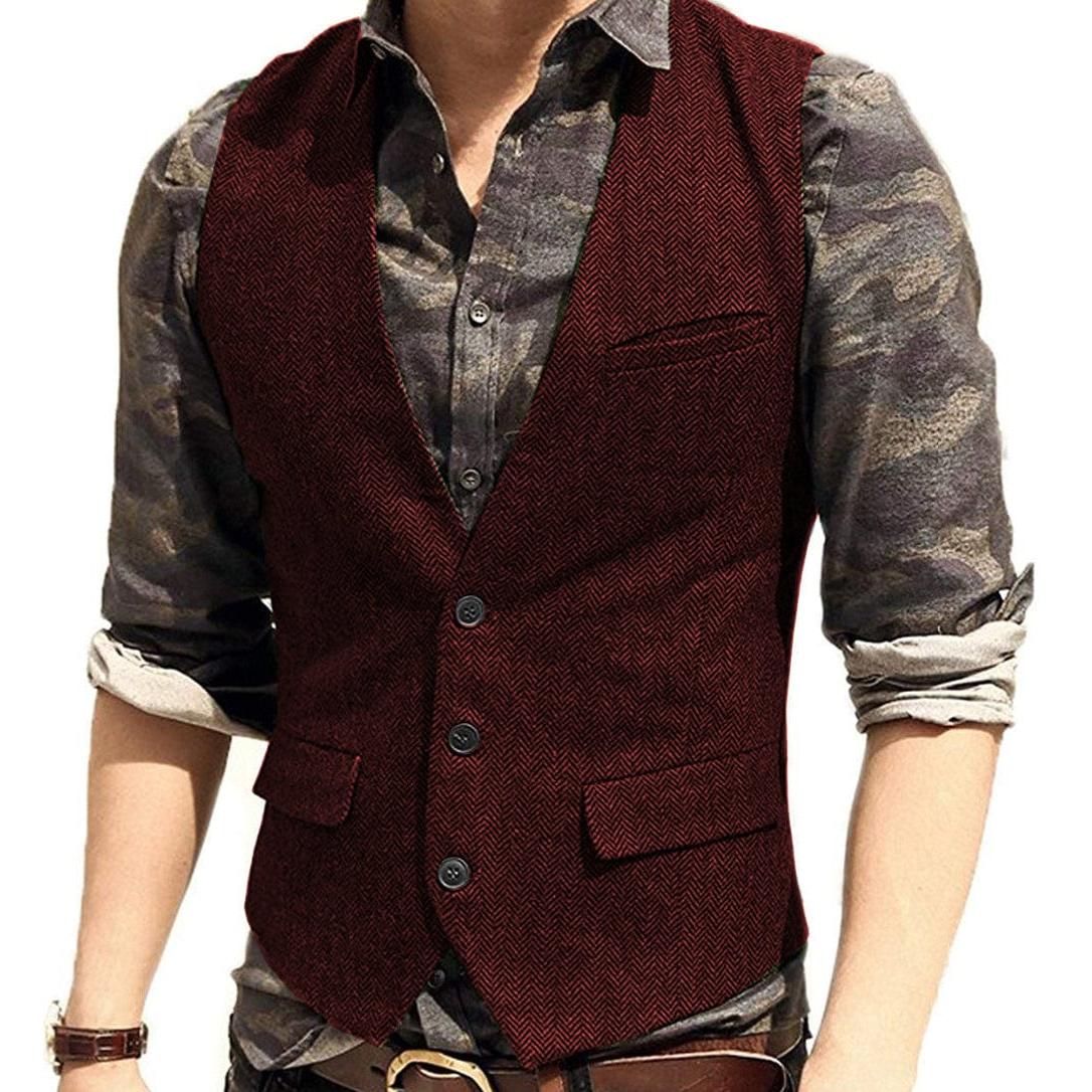 ceehuteey Men's Slim Fit Solid Herringbone V Neck Waistcoat