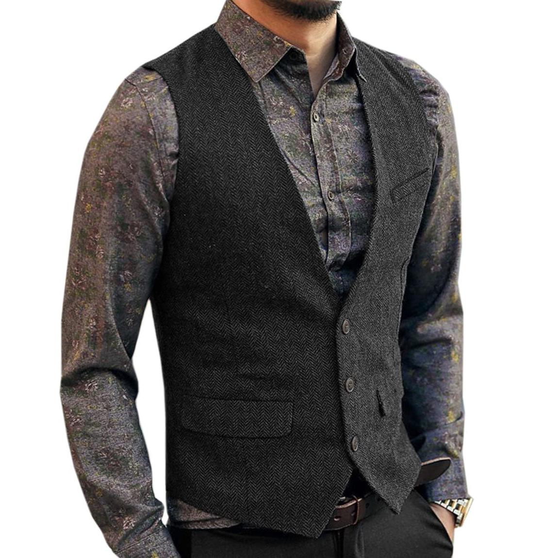 ceehuteey Men's Slim Fit Tweed Herringbone V Neck Casual Waistcoat