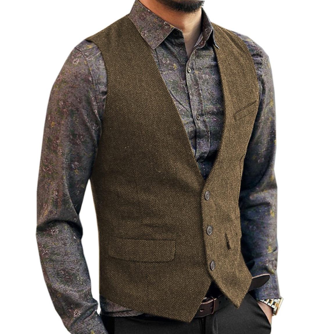 ceehuteey Men's Slim Fit Tweed Herringbone V Neck Casual Waistcoat