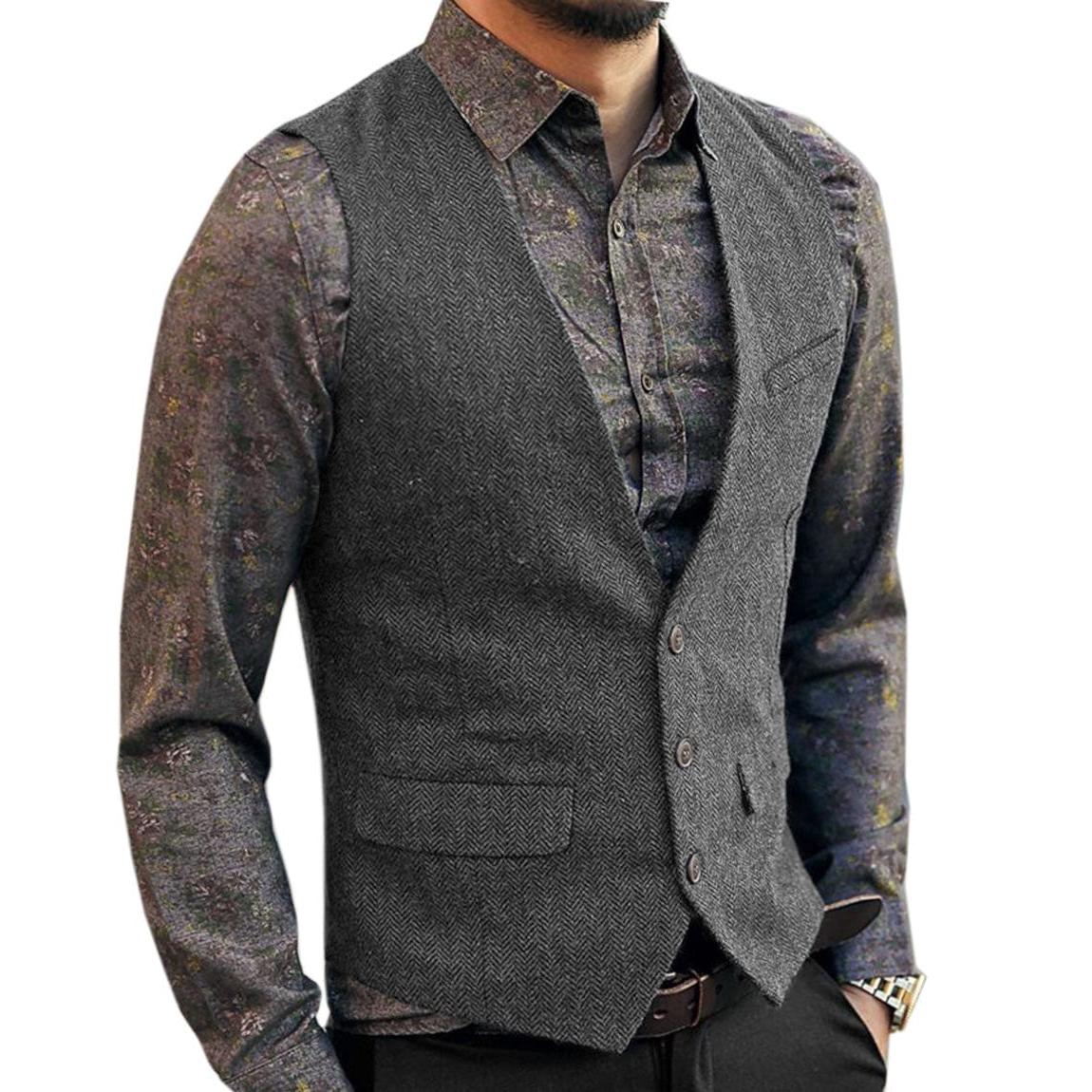 ceehuteey Men's Slim Fit Tweed Herringbone V Neck Casual Waistcoat