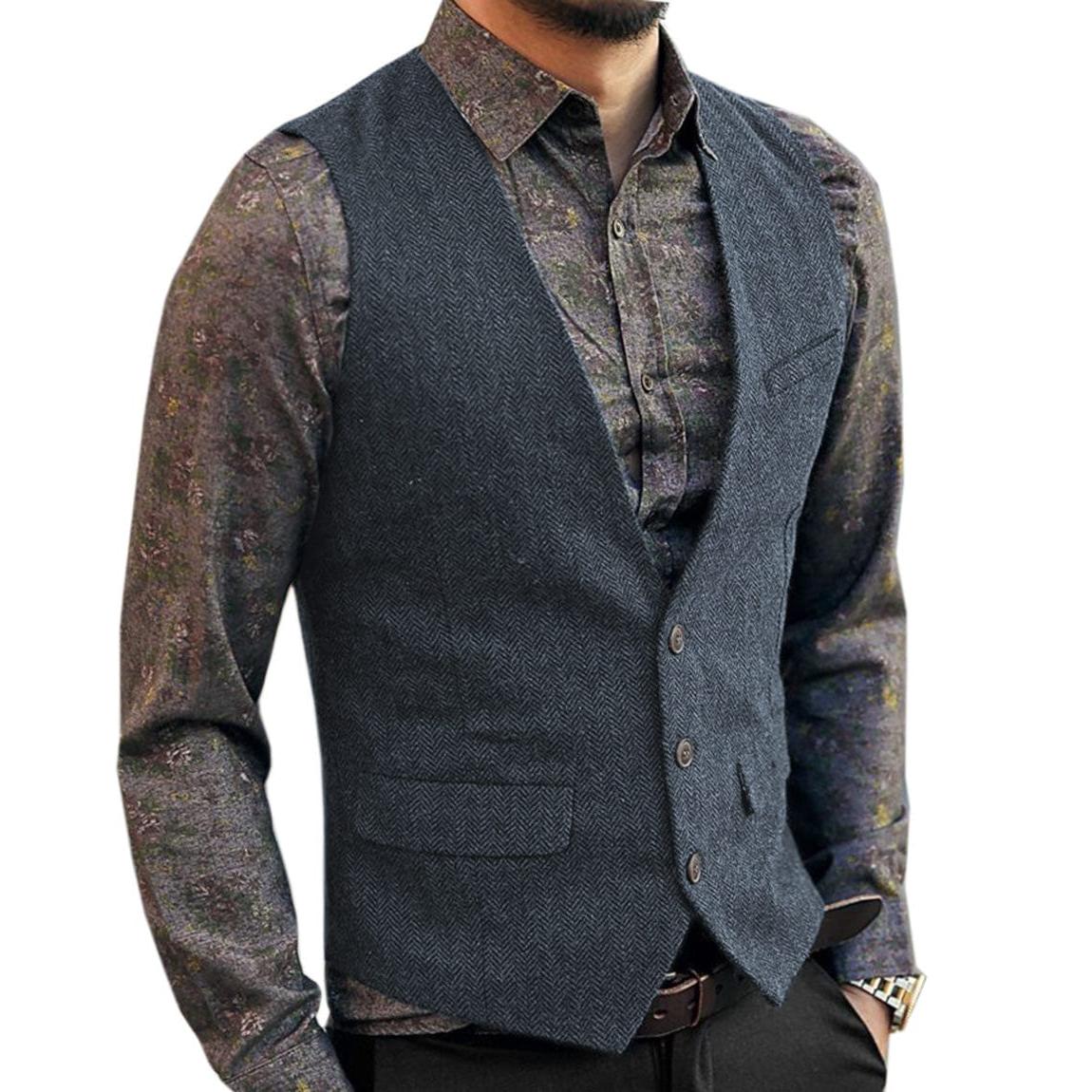 ceehuteey Men's Slim Fit Tweed Herringbone V Neck Casual Waistcoat
