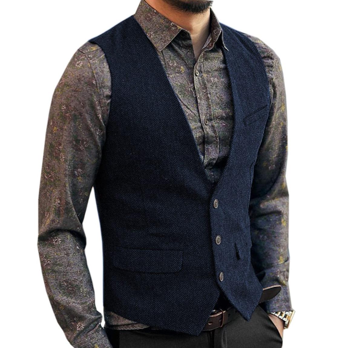 ceehuteey Men's Slim Fit Tweed Herringbone V Neck Casual Waistcoat