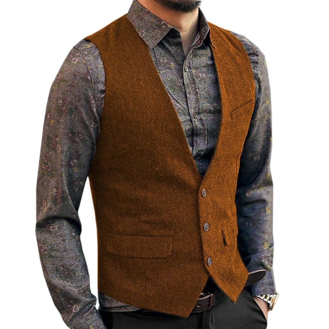 ceehuteey Men's Slim Fit Tweed Herringbone V Neck Casual Waistcoat