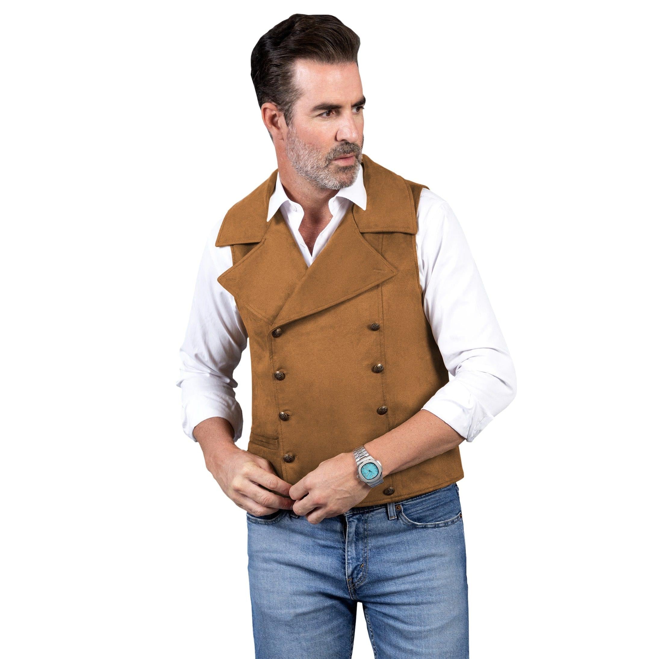 ceehuteey Men‘s Suede Cowboy Double Breasted Large Lapel Suede Classic Waistcoat