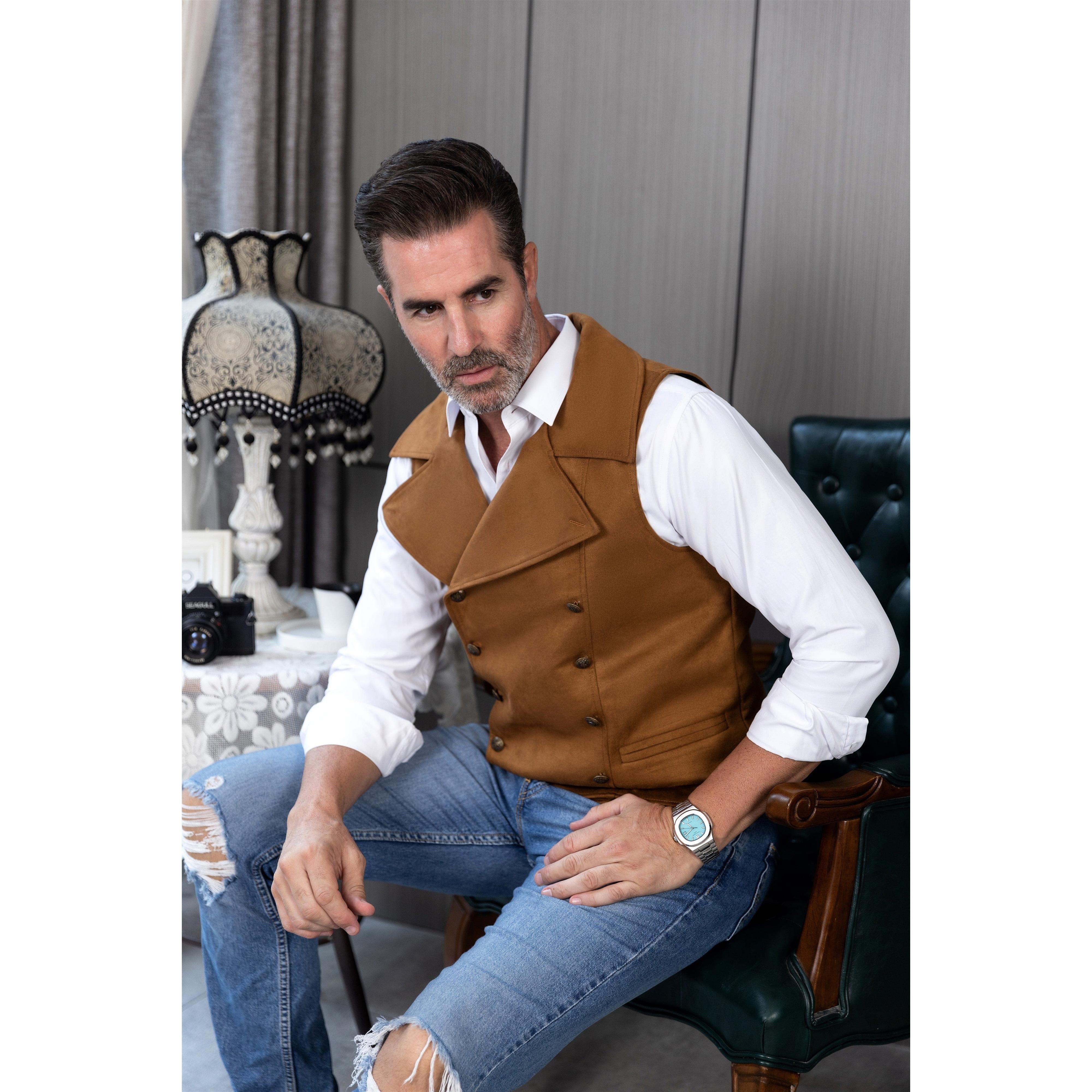 ceehuteey Men's Suede Cowboy Double Breasted Large Lapel Suede Classic Waistcoat