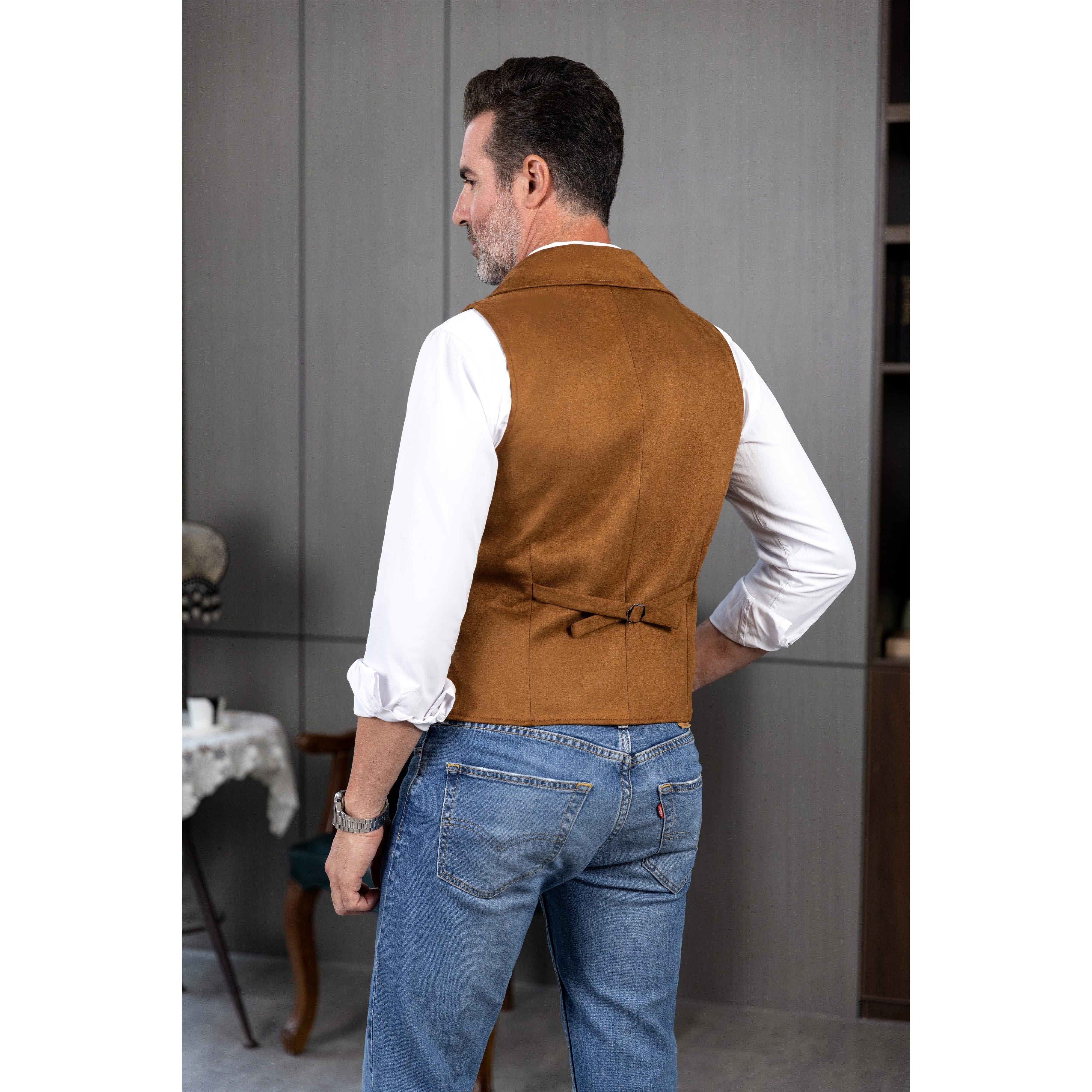 ceehuteey Men's Suede Cowboy Double Breasted Large Lapel Suede Classic Waistcoat