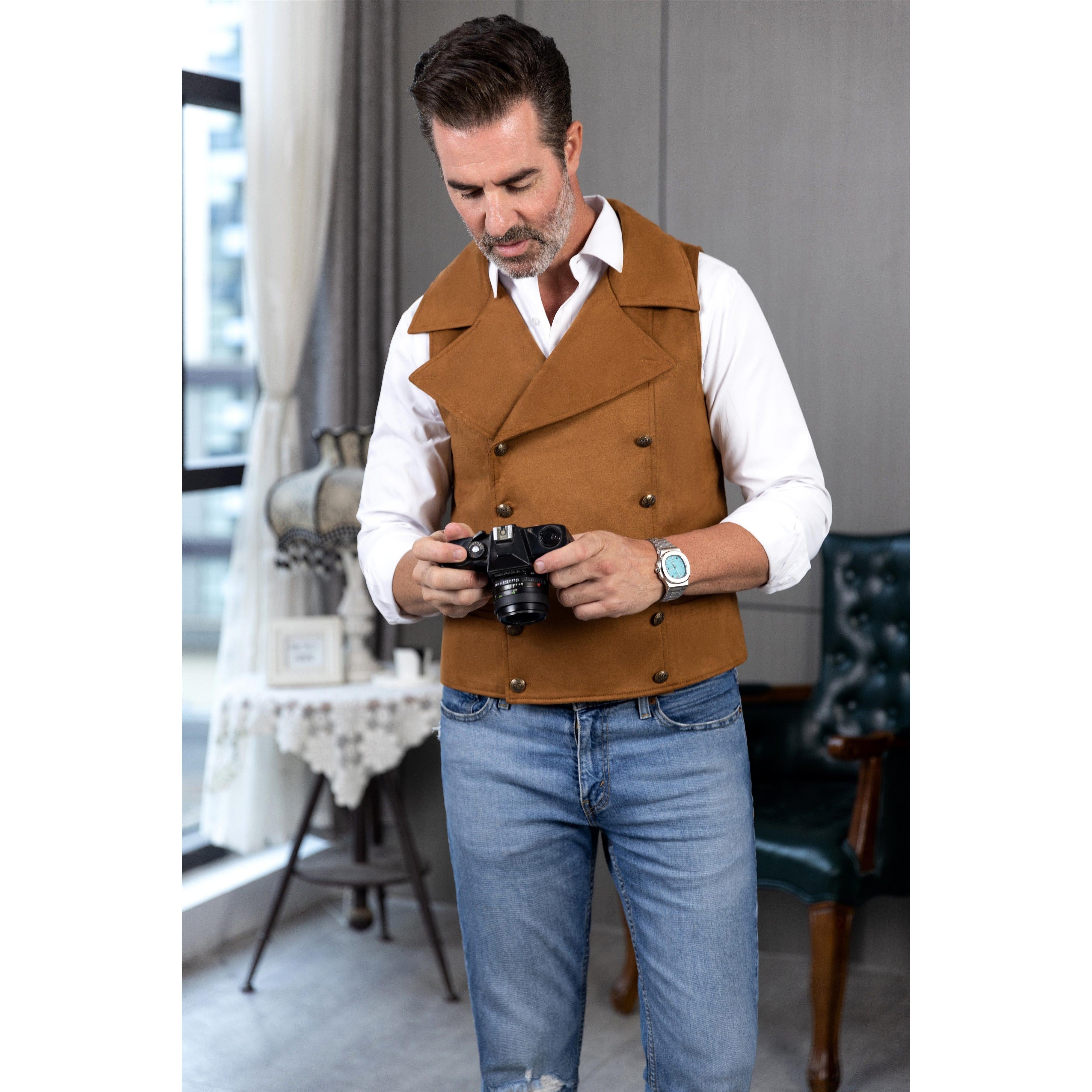 ceehuteey Men's Suede Cowboy Double Breasted Large Lapel Suede Classic Waistcoat