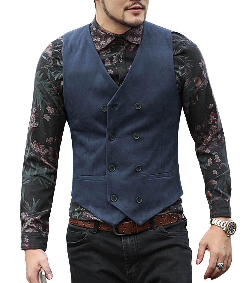 ceehuteey Men's Suede Cowboy Double Breasted Slim Fit V Neck Waistcoat