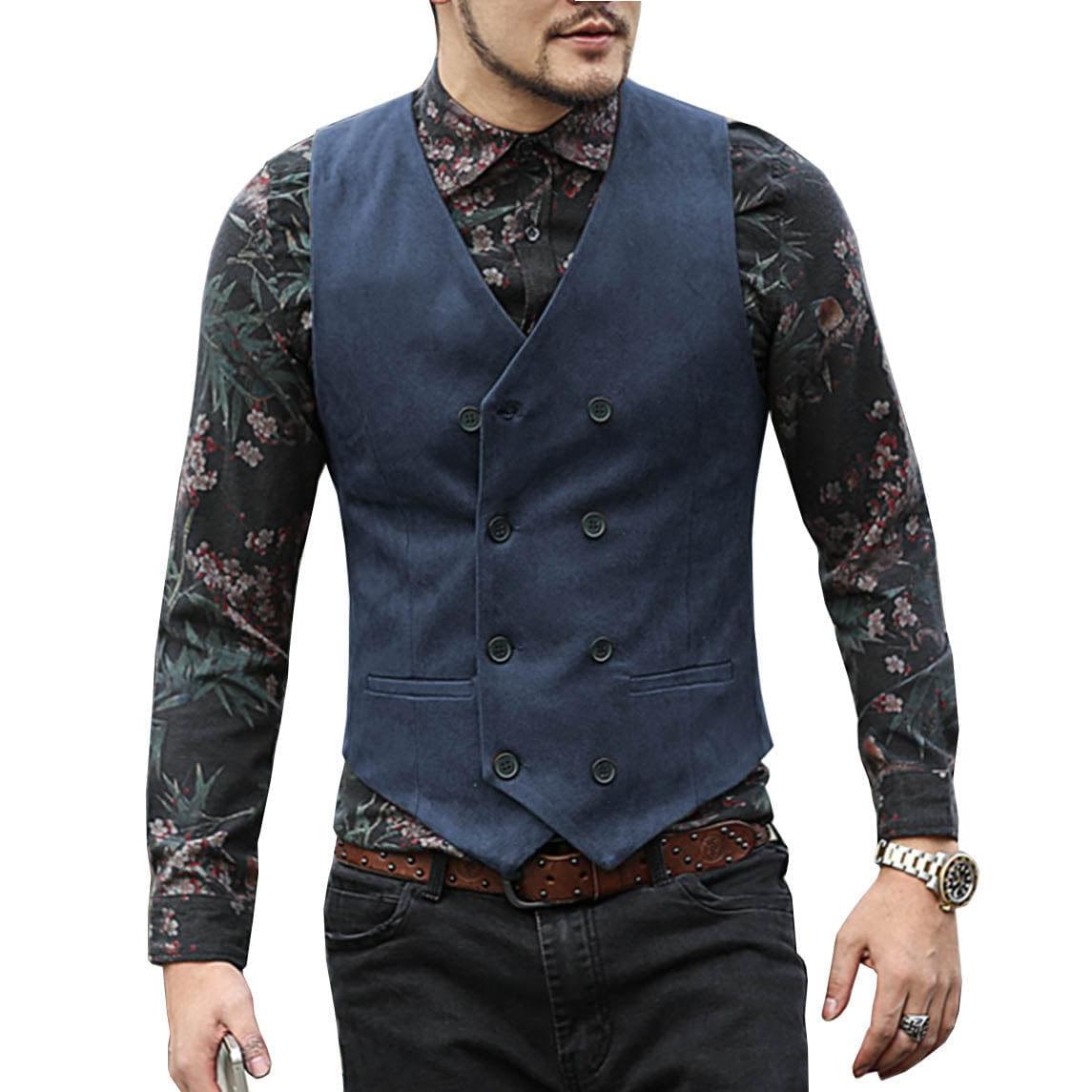 ceehuteey Men's Suede Cowboy Double Breasted Slim Fit V Neck Waistcoat
