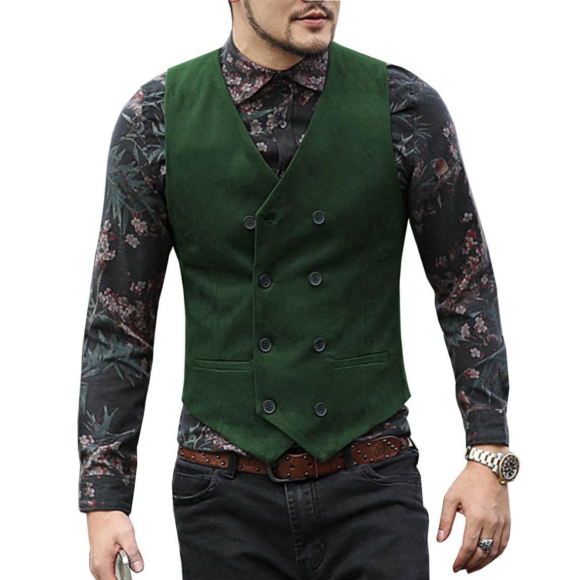 ceehuteey Men's Suede Cowboy Double Breasted Slim Fit V Neck Waistcoat