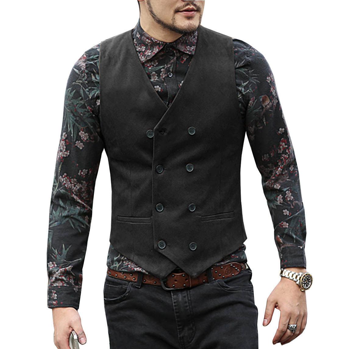ceehuteey Men's Suede Cowboy Double Breasted Slim Fit V Neck Waistcoat