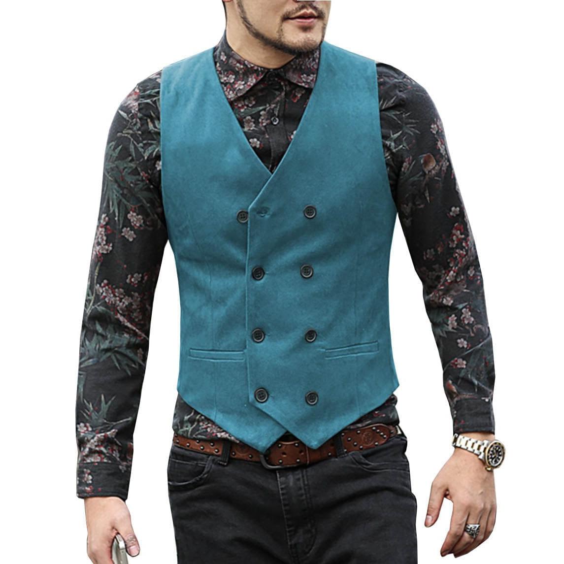 ceehuteey Men's Suede Cowboy Double Breasted Slim Fit V Neck Waistcoat