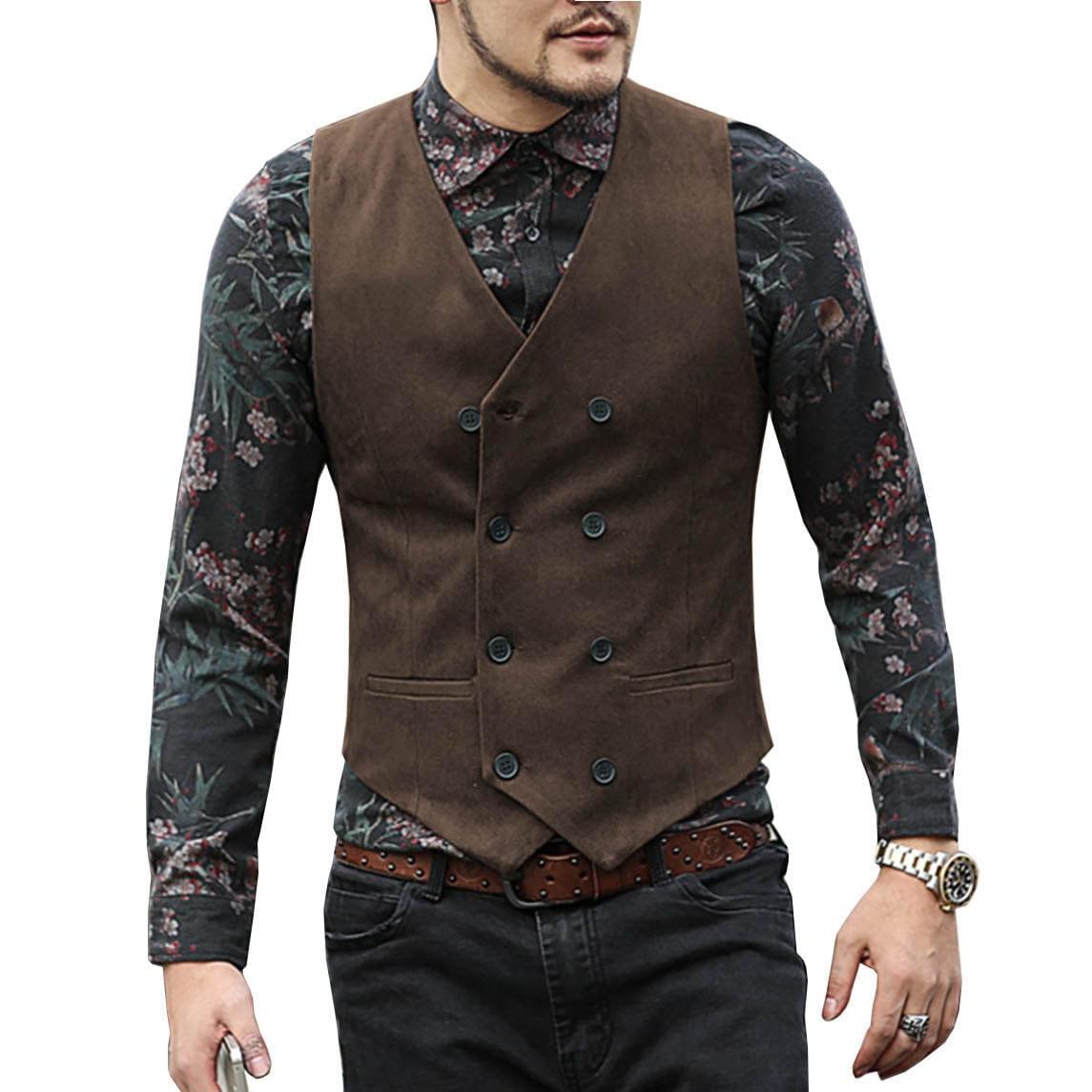 ceehuteey Men's Suede Cowboy Double Breasted Slim Fit V Neck Waistcoat