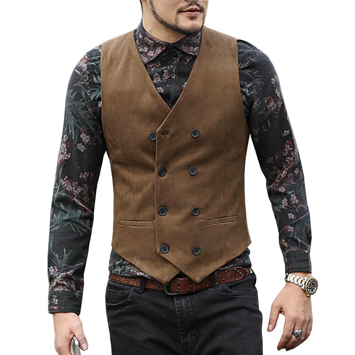 ceehuteey Men's Suede Cowboy Double Breasted Slim Fit V Neck Waistcoat
