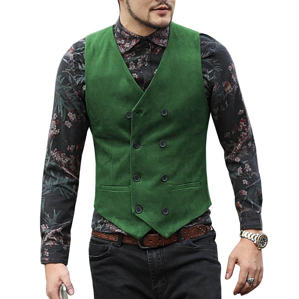 ceehuteey Men's Suede Cowboy Double Breasted Slim Fit V Neck Waistcoat