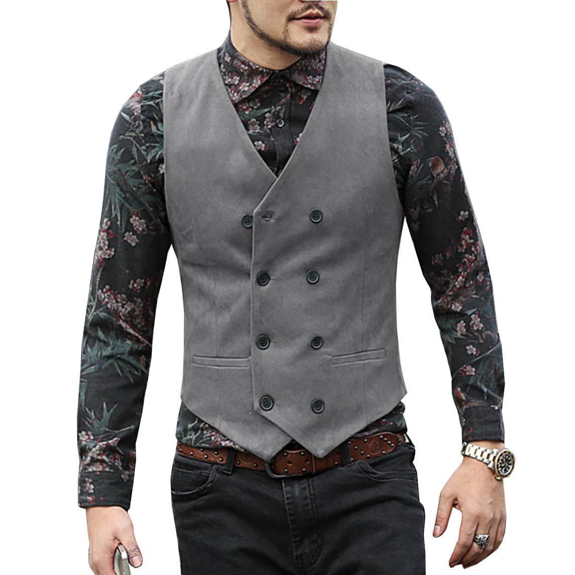 ceehuteey Men's Suede Cowboy Double Breasted Slim Fit V Neck Waistcoat
