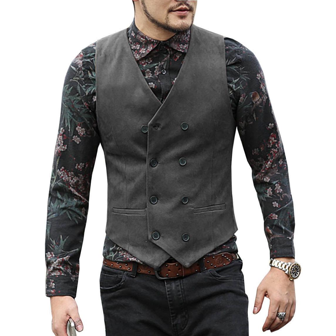 ceehuteey Men's Suede Cowboy Double Breasted Slim Fit V Neck Waistcoat
