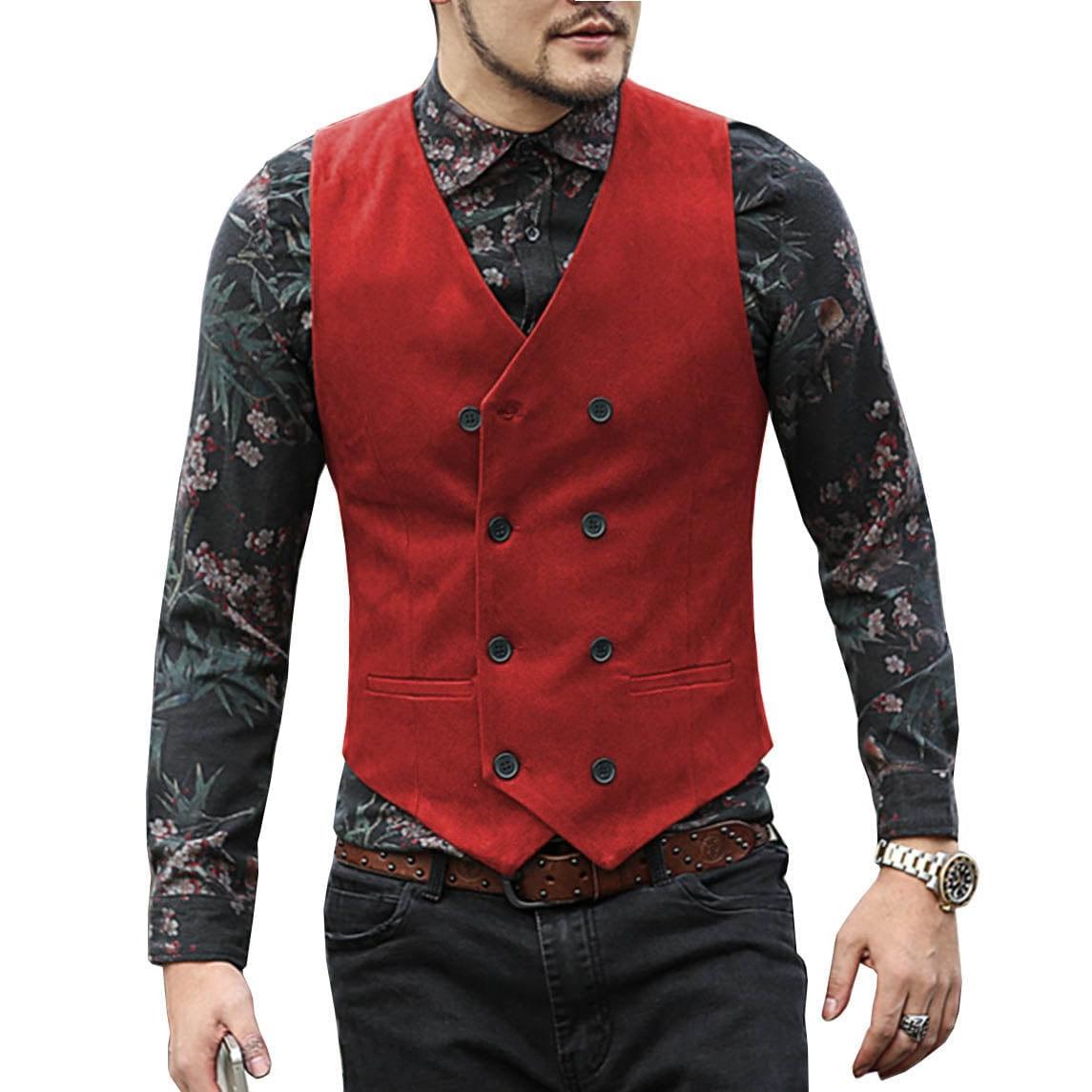 ceehuteey Men's Suede Cowboy Double Breasted Slim Fit V Neck Waistcoat