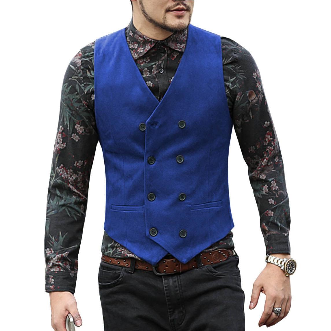 ceehuteey Men's Suede Cowboy Double Breasted Slim Fit V Neck Waistcoat