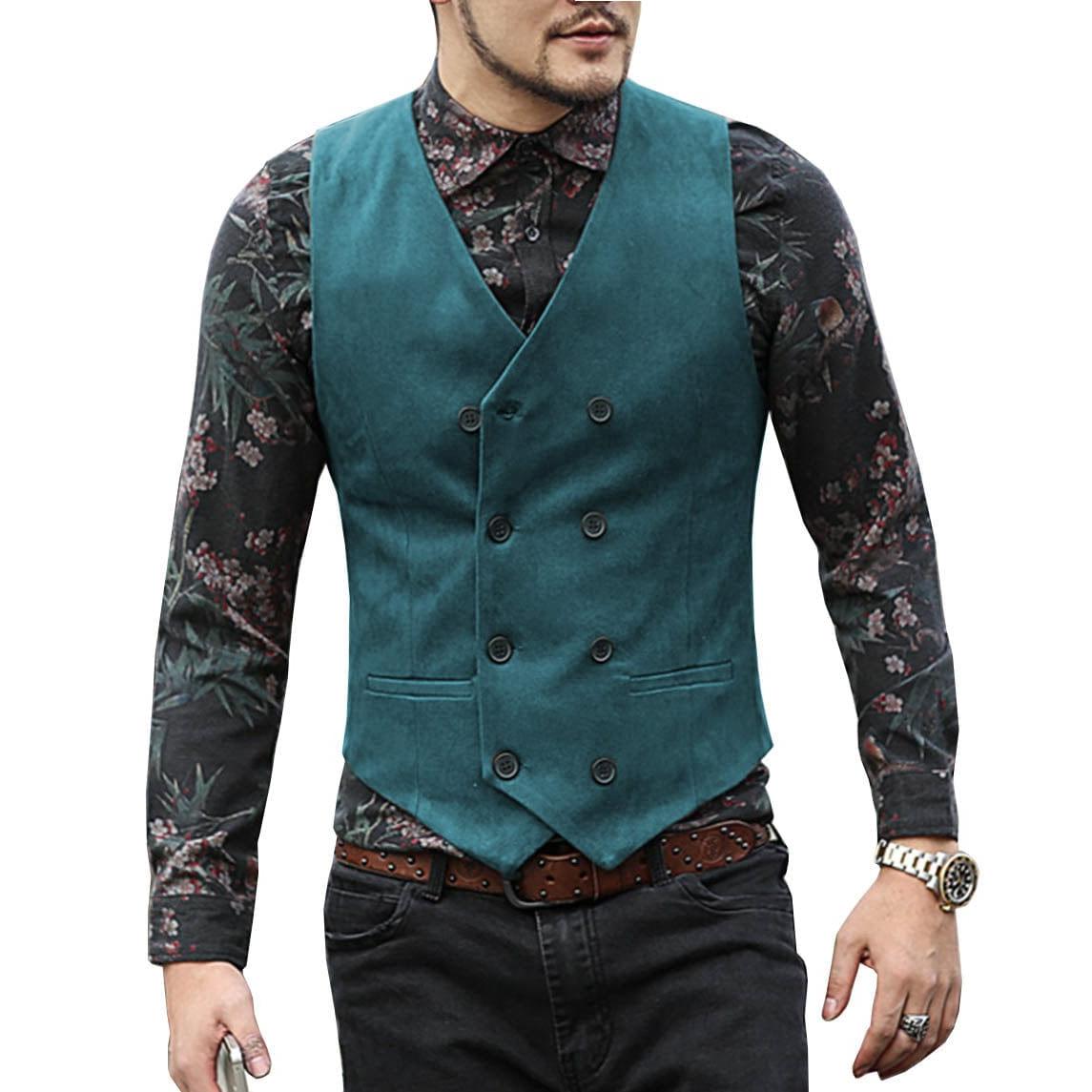 ceehuteey Men's Suede Cowboy Double Breasted Slim Fit V Neck Waistcoat