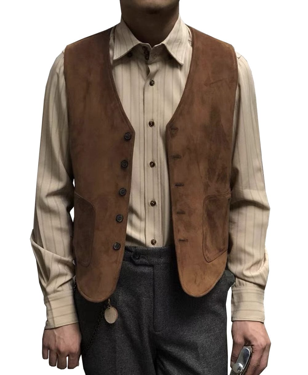ceehuteey Men's Suede Cowboy V Neck Denim Jacket Waistcoat