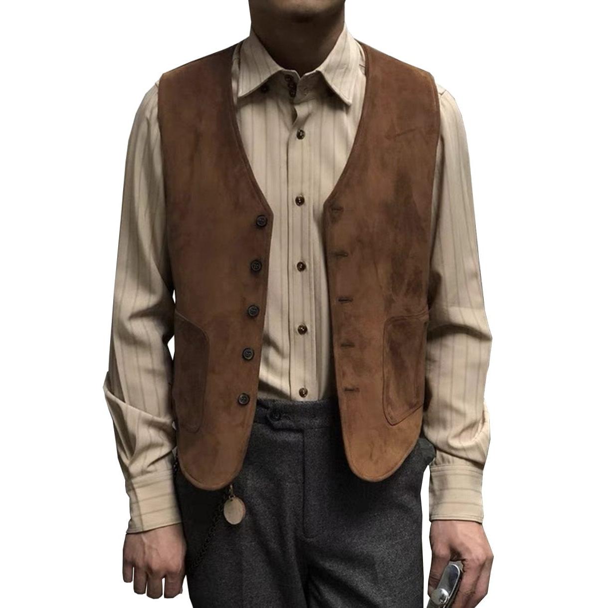 ceehuteey Men's Suede Cowboy V Neck Denim Jacket Waistcoat